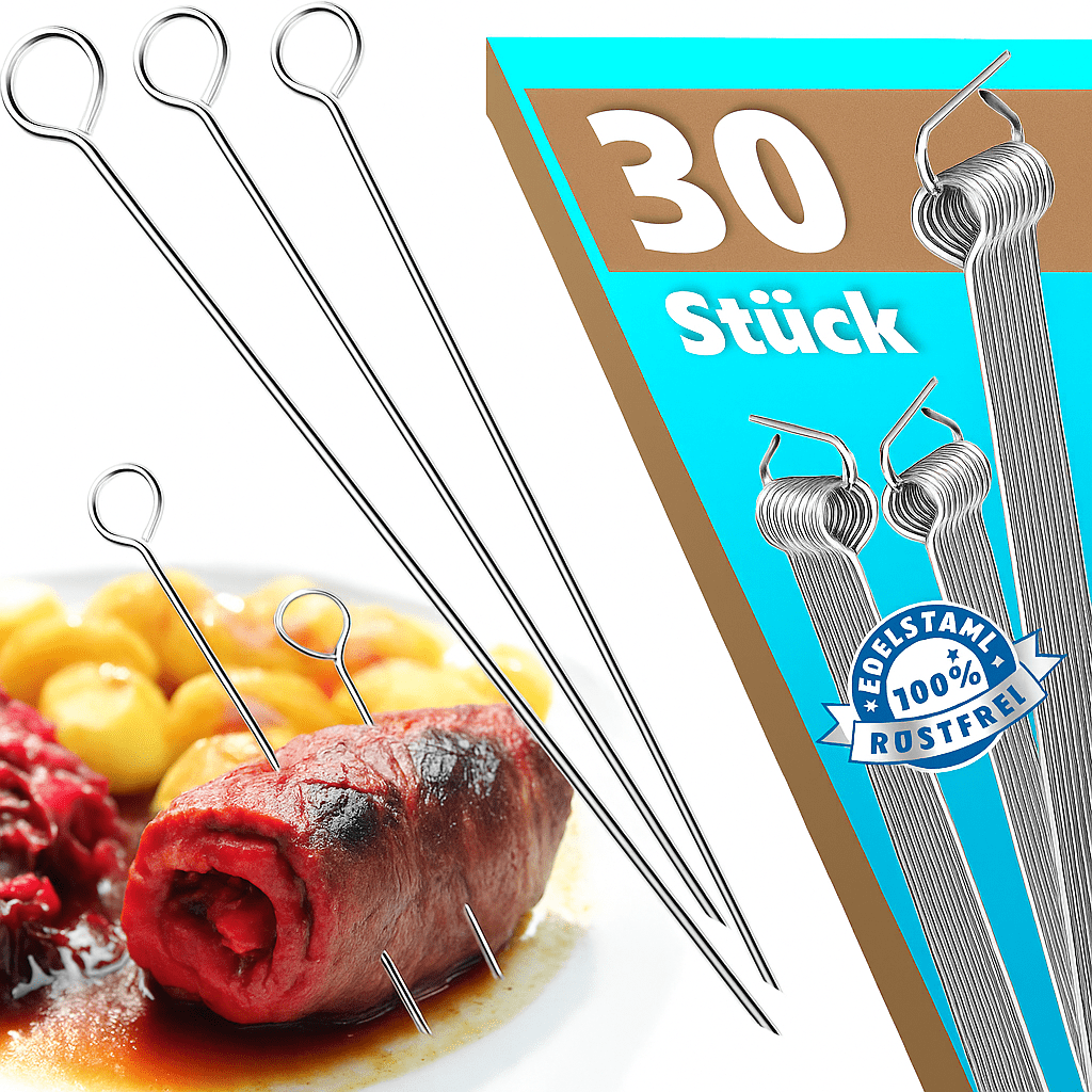 E-shop Gravensteel Rouladennadeln Edelstahl rostfrei, Set – Wahlweise 30, 60 oder 80 Stück | 10 cm Rouladenspieße mit Grifföse & scharfer Spitze |