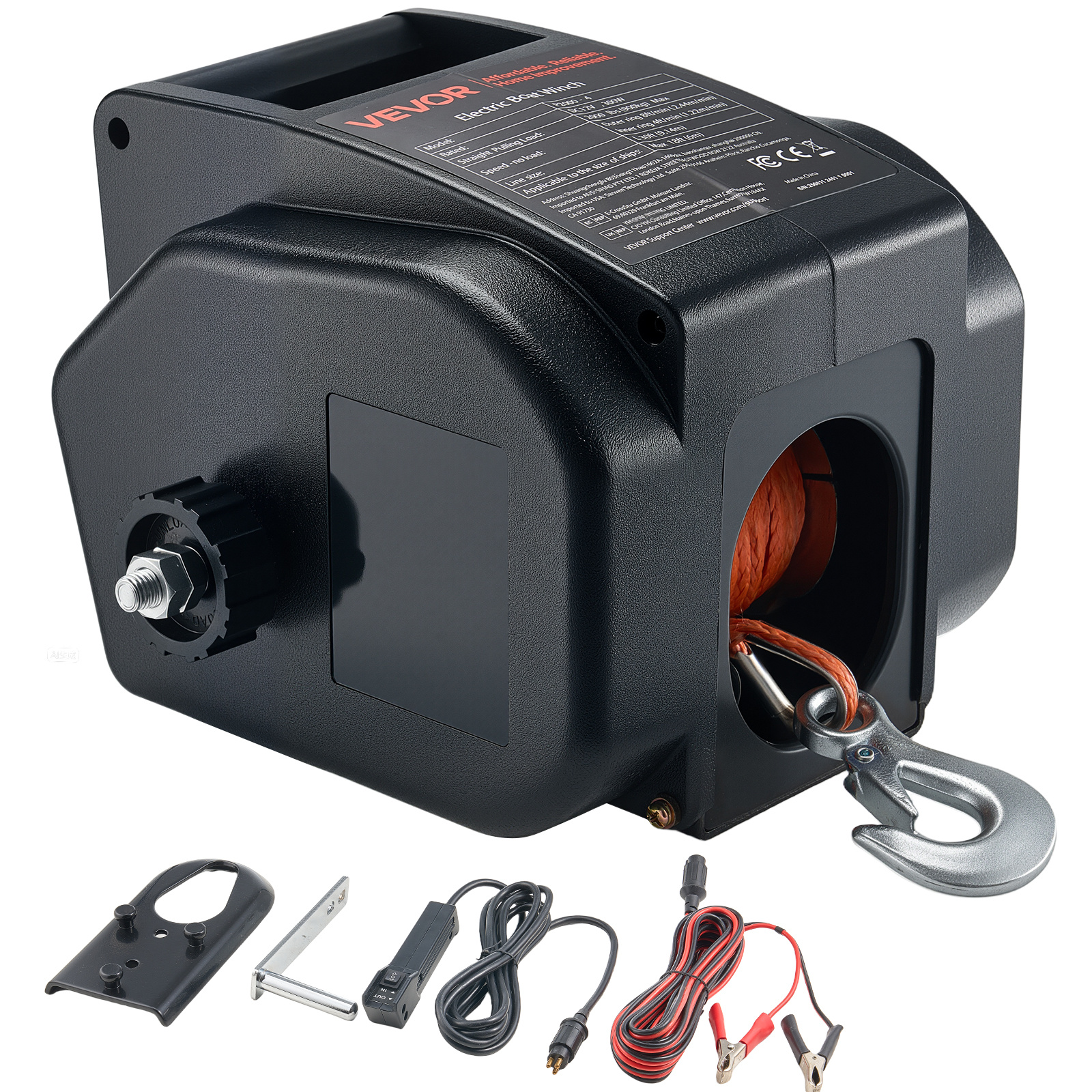 Image of Vevor Electric Boat Winch, 12v 300w, Reversible Electric Trailer Winch For Boats Up To 900 Kg, , Power-out, And Freewheel For Boats With Wired Remote Control & Hand Crank