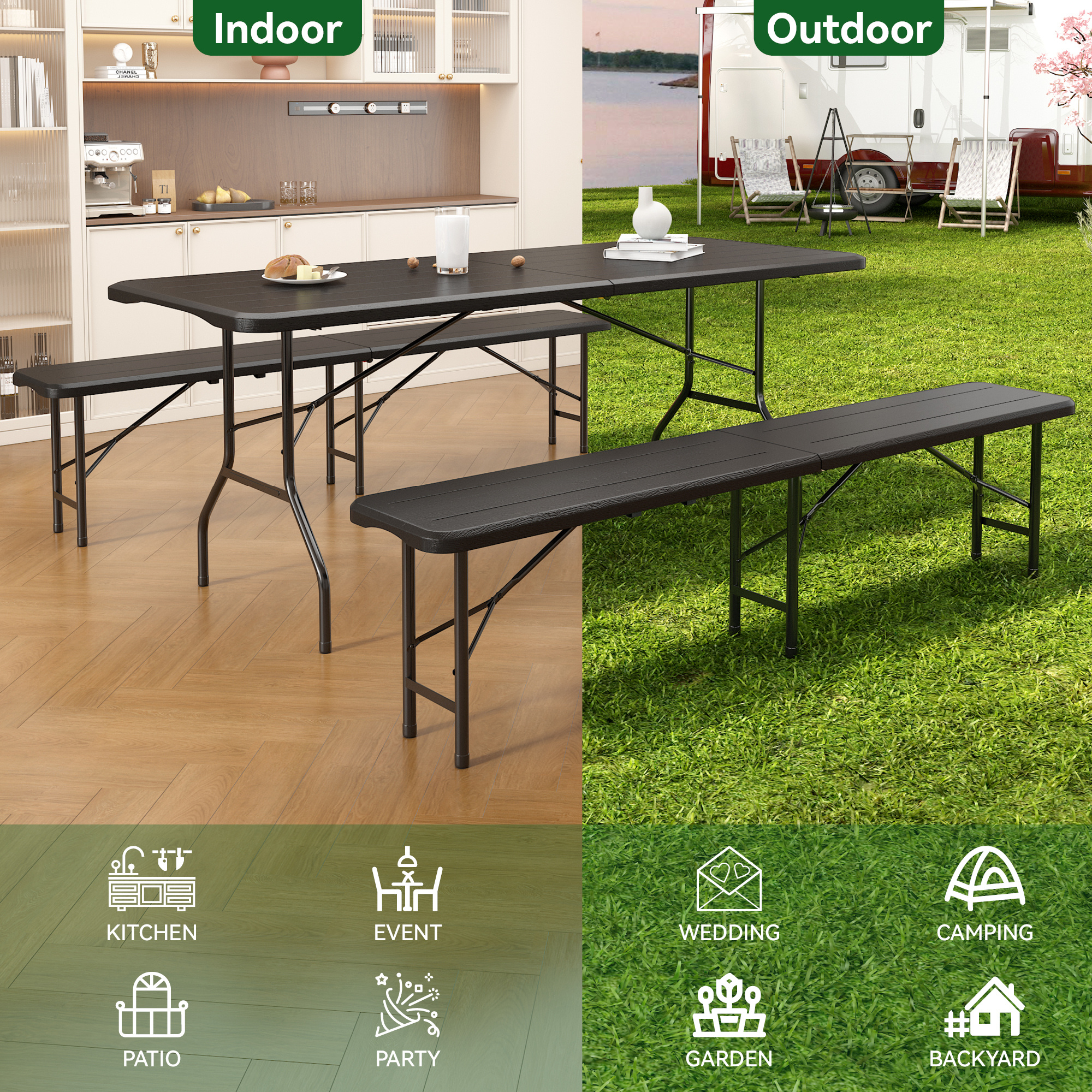 Portable 6FT Dining Garden Table with 2 Benches