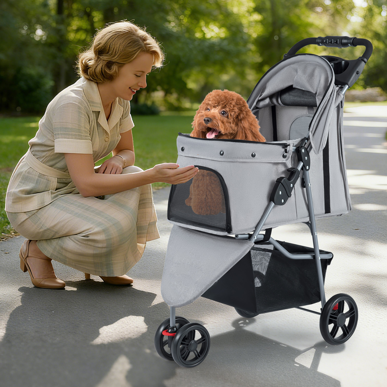 Image of Foldable Pet Stroller, Adjustable Cat Strolling Cart W/ Adjustable Canopy, 3 Shock-absorbing Wheels, , Storage Basket, Cup Holder, Pet Travel Carrier For , 15 Kg