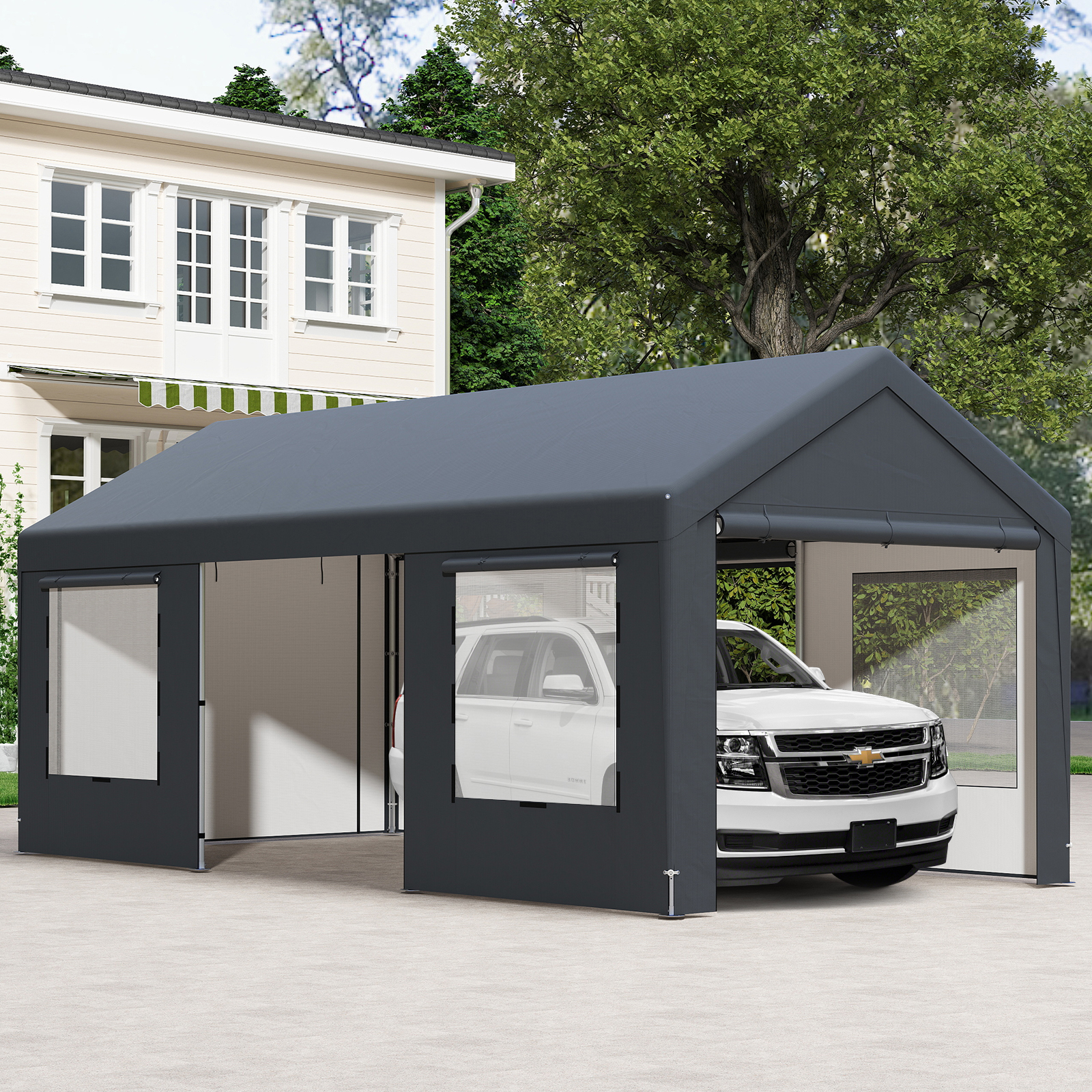 Image of 595x300 Cm Heavy-duty Carport, Outdoor Car Shelter W/ 8 Removable , Roll-up Doors, Ventilated Windows, Waterproof Tarp, Portable Garage Canopy Tent For Car Suv Truck Boat