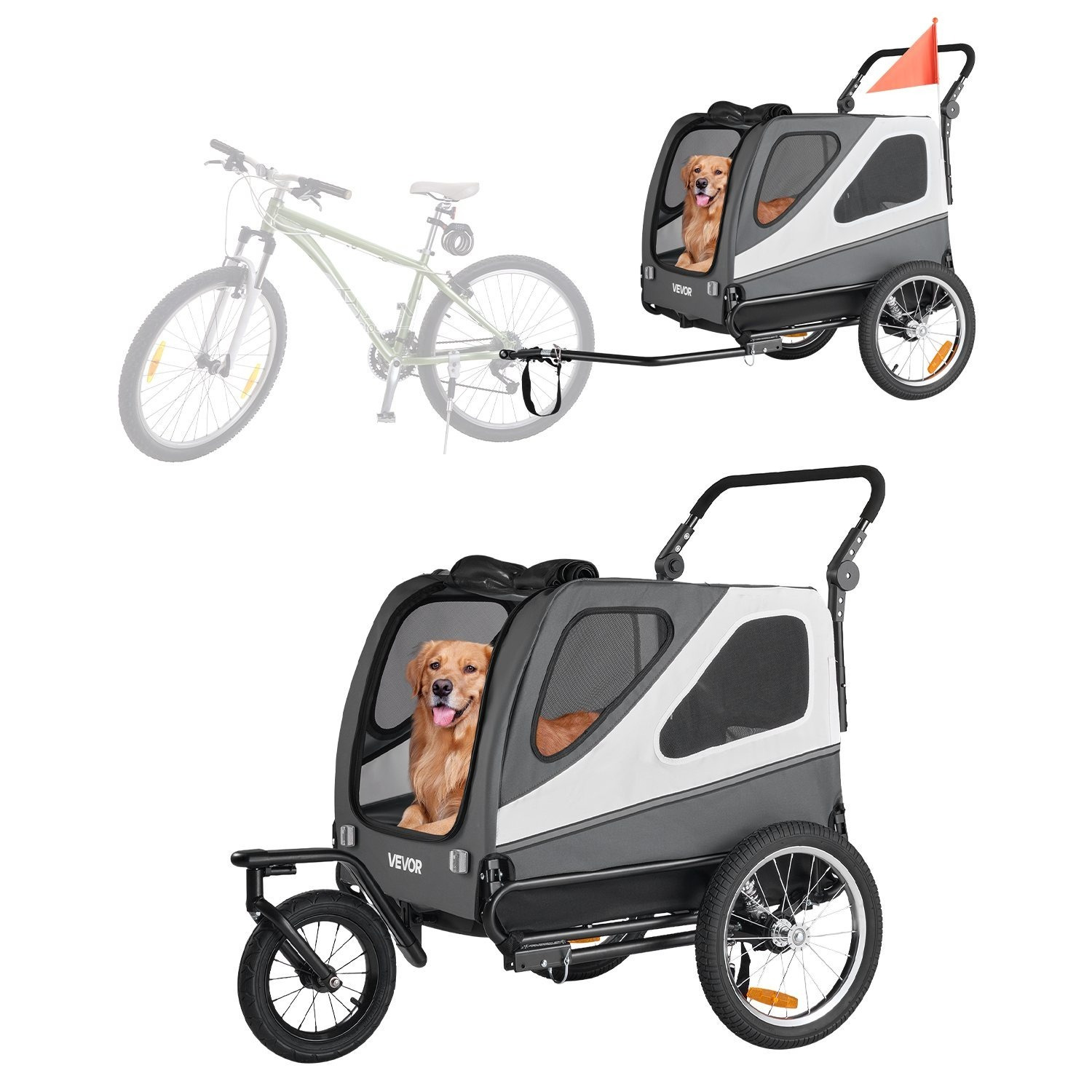 Image of Vevor Dog Bike Trailer, Supports Up To 100 Lbs, 2-in-1 Pet Stroller Cart Bicycle Carrier For Small & Large Dogs, Easy Folding Frame Release Wheel, Universal Bicycle Coupler, Internal Leash