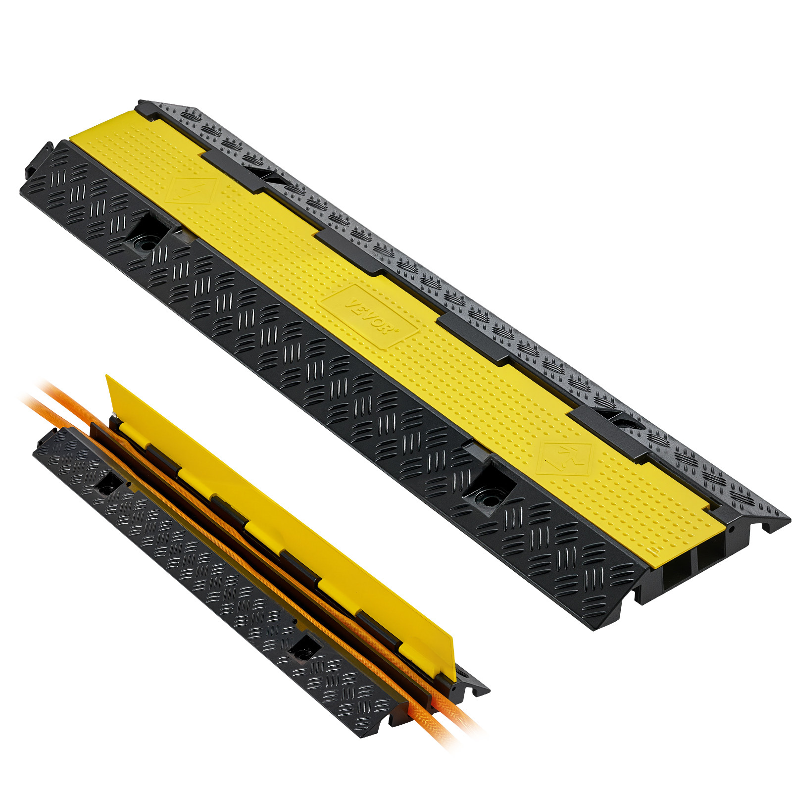 Image of Vevor Cable Protector Ramp, 9, 979 Kg/axle Capacity, 2 Channel Heavy Duty Rubber Cord Hose Wire Cover, 32 X 31 Mm Channel, Traffic Speed Bump With Flip-open Top Cover, For Indoor Outdoor Use, 1 Pack