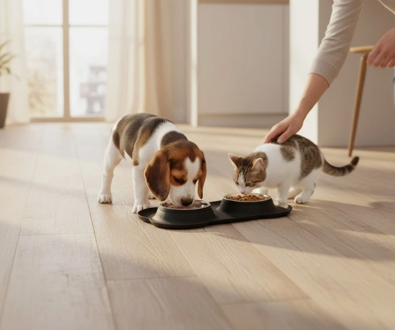 Hush Paws Double Dog Bowl Pet Bowls, Stainless Steel Double Bowls Set 170ml with Non-Spill Silicone Mats Tray for Dogs Cats Puppies Water Food Feeding Bowl - 36 x 21 cm