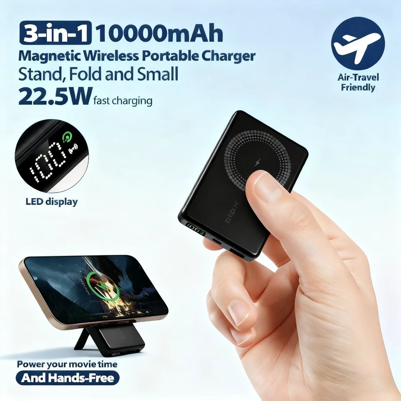 E-shop ENEGON 10000mAh Magnetisches Powerbank 3-in-1 Faltbares Kabelloses Tragbares Ladegerät mit Ständer & LED-Display Kompatibel mit iPhone 17/16/15