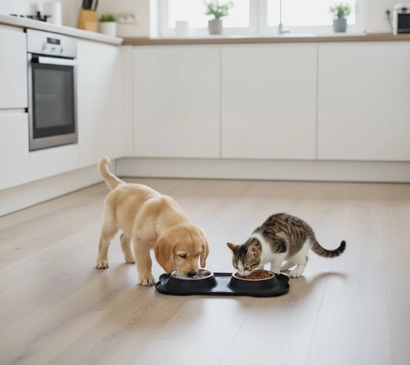 Hush Paws Double Dog Bowl Pet Bowls, Stainless Steel Double Bowls Set 170ml with Non-Spill Silicone Mats Tray for Dogs Cats Puppies Water Food Feeding Bowl - 36 x 21 cm