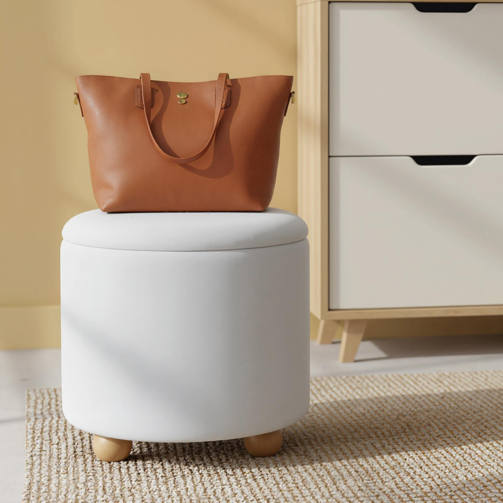 Round Storage Ottoman, 44,5 Cm Chenille Fabric Footrest Stool With Removable Lid, Rubber Wood Legs, Hidden Storage Space, 35l Upholstered Ottoman For Living Room Bedroom, To 150 Kg, White