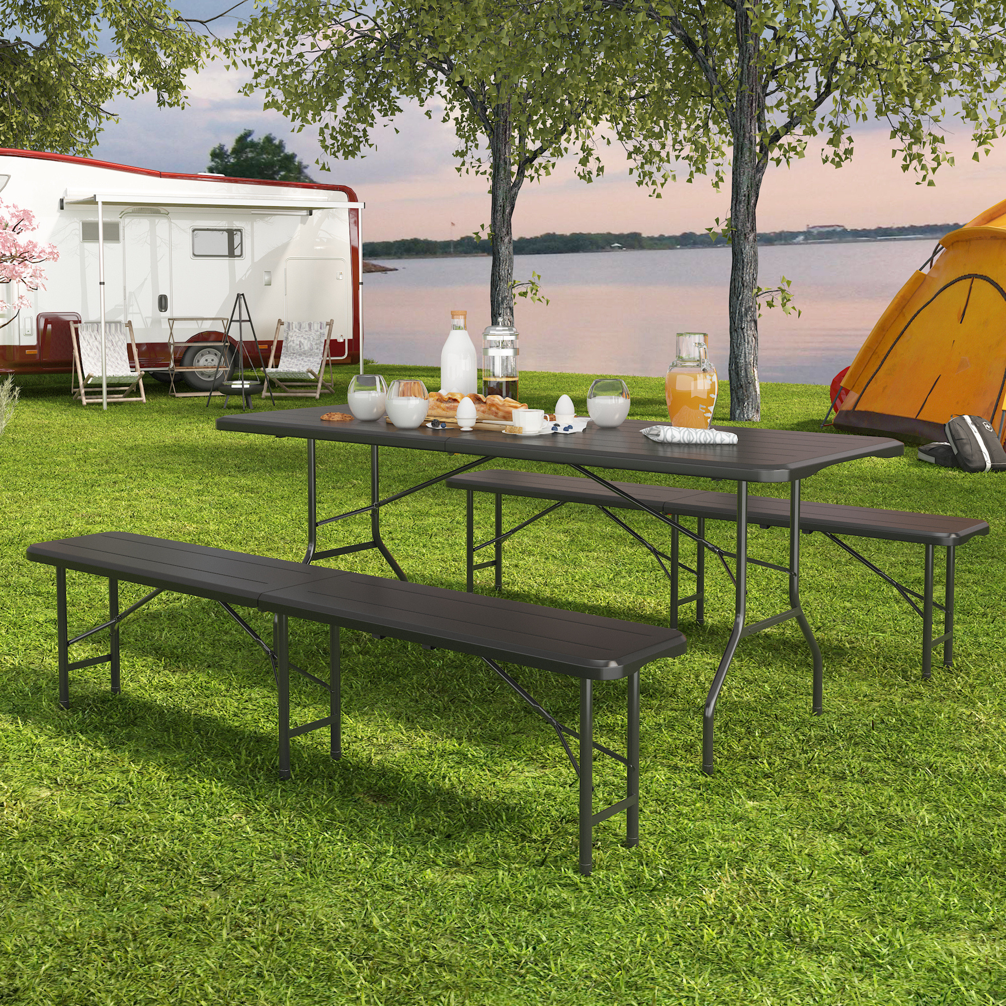 Portable 6FT Dining Garden Table with 2 Benches