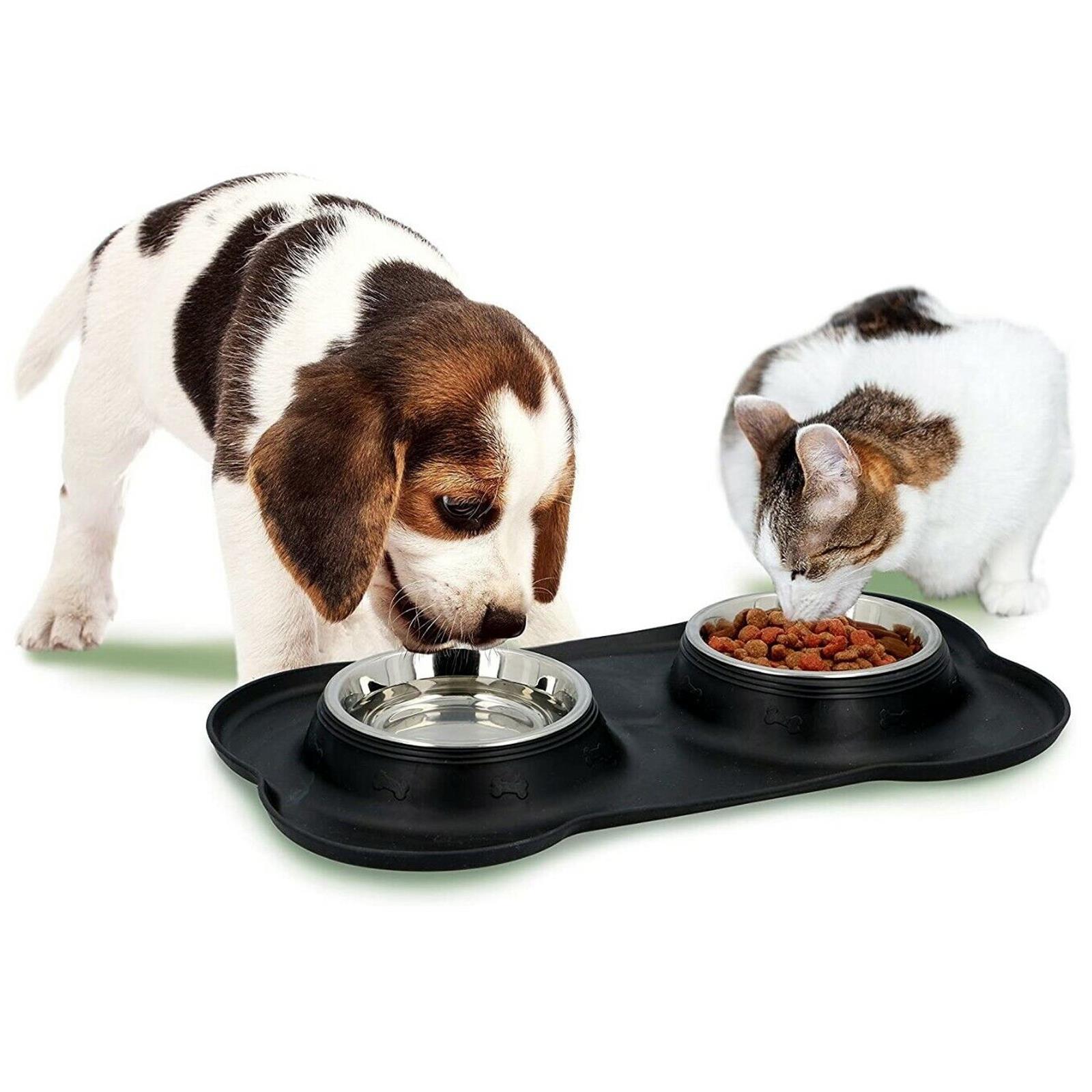 Hush Paws Double Dog Bowl Pet Bowls, Stainless Steel Double Bowls Set 170ml with Non-Spill Silicone Mats Tray for Dogs Cats Puppies Water Food Feeding Bowl - 36 x 21 cm