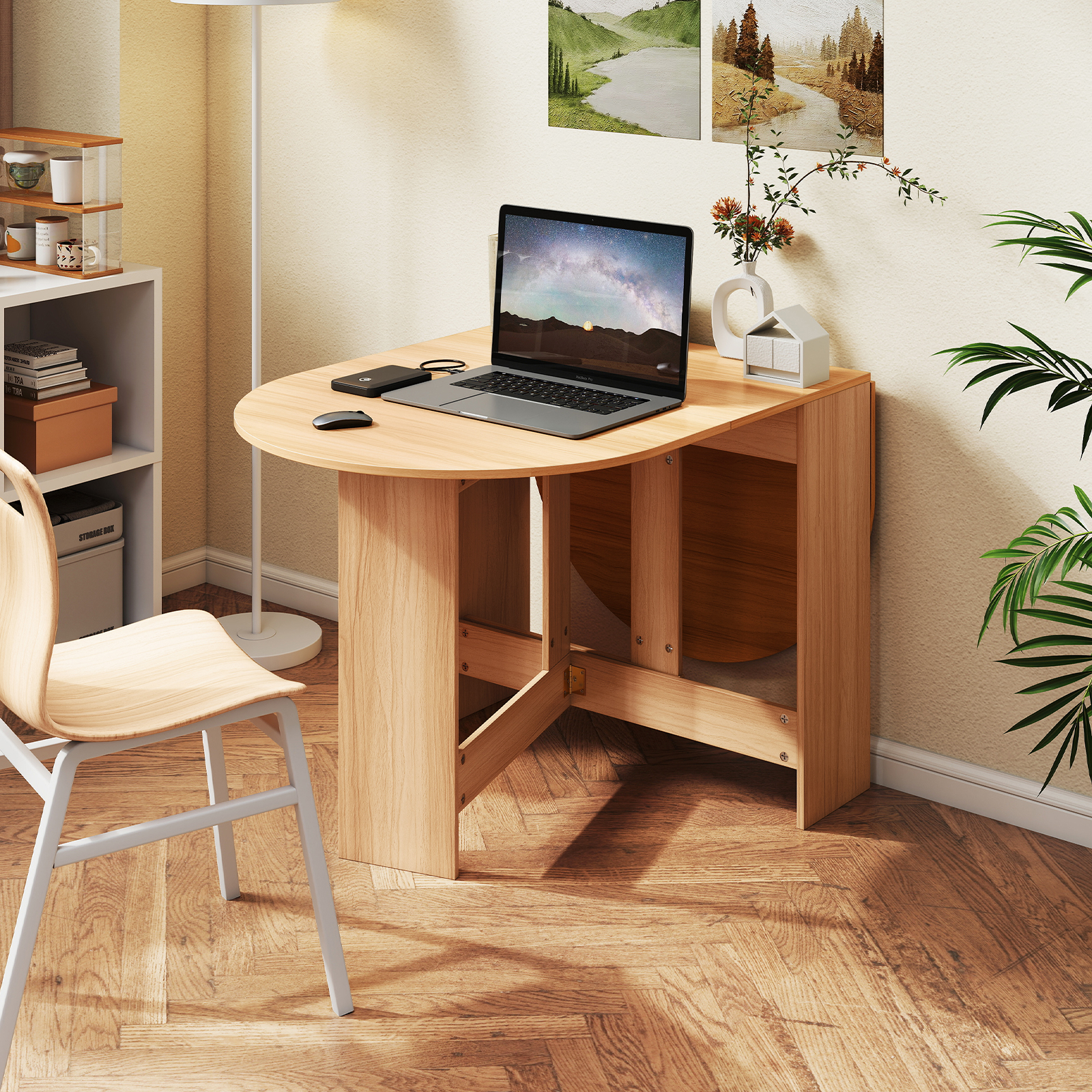 Folding Multifunction Table, Drop Leaf Extendable Dining Table, Round Expandable Dinner Table With Humanized Round Edges, Space Saver For Dining Room Kitchen Home Wood Grain Furniture