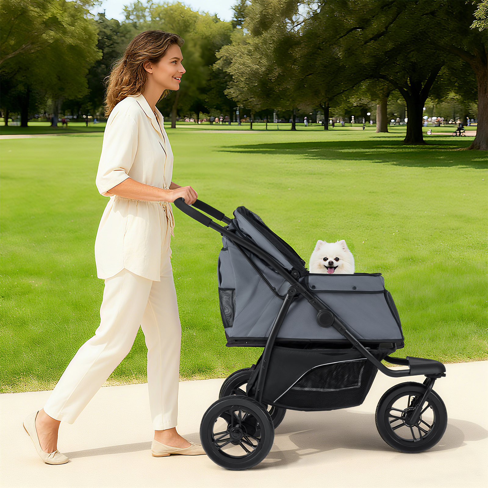 3-wheel Pet Stroller For Small & Medium Dogs, Foldable Cat Stroller Jogger With Wheels, Single-foot Brake, Adjustable Canopy, Storage Basket, Cushion, Safety Leash, 55 Lbs