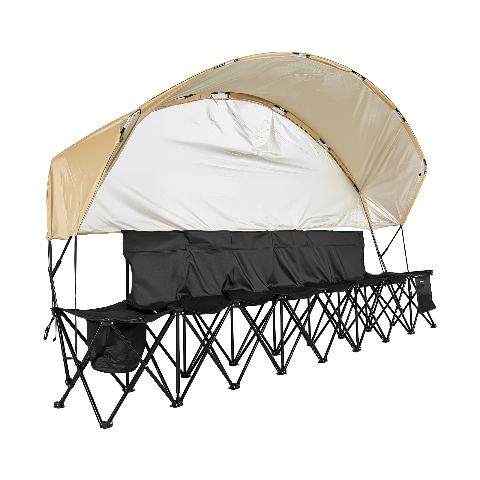 Vevor Portable Folding Bench, 6 Seat Soccer Bench With Storage Pockets Cup Holders & Carrying Bag, Lightweight Sideline Seating With Sunshade For Football, Baseball, Camping, Outdoor Events, Black