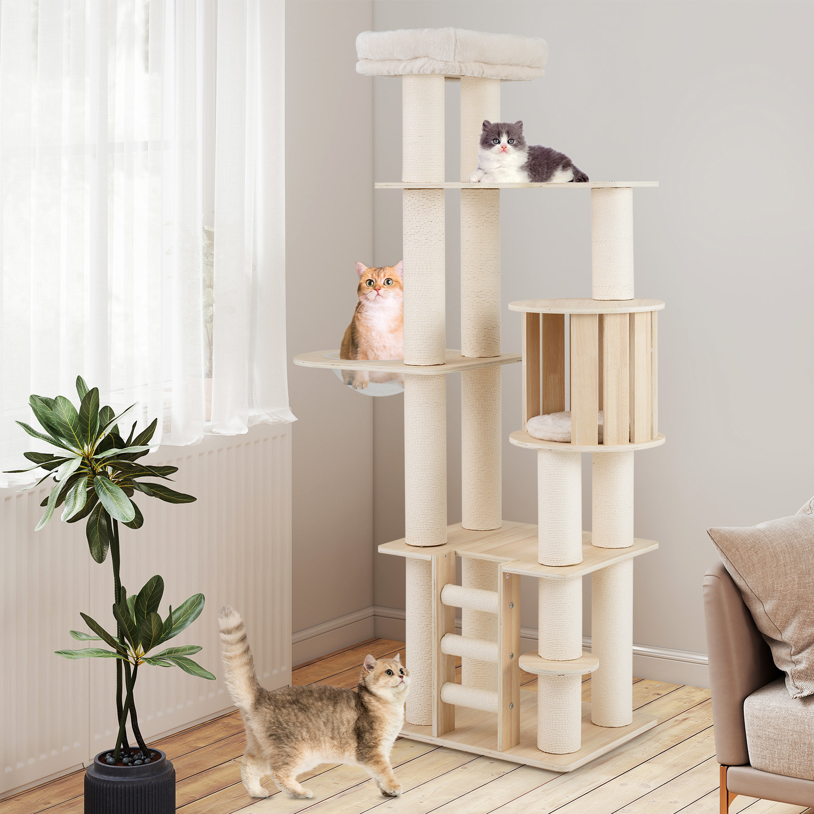 Image of 185 Cm Tall Wooden Cat Tree, Solid Plywood Kitten Tower With Condo, Perch, Space Capsule, Scratching Posts, Ladder, Washable Plush Cushions, Multi-level Climbing Stand, Indoor Pet Furniture