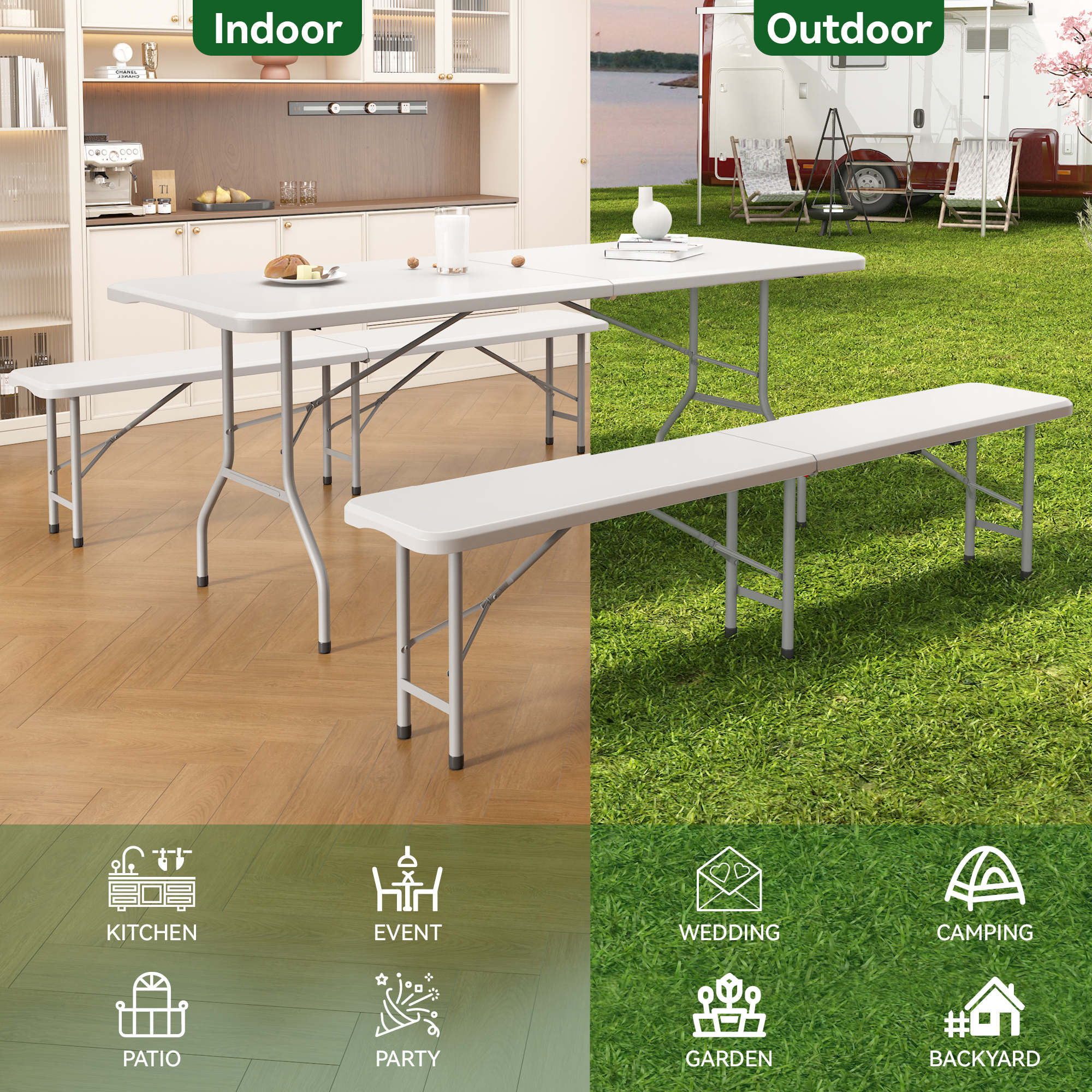 Portable 6FT Dining Garden Table with 2 Benches