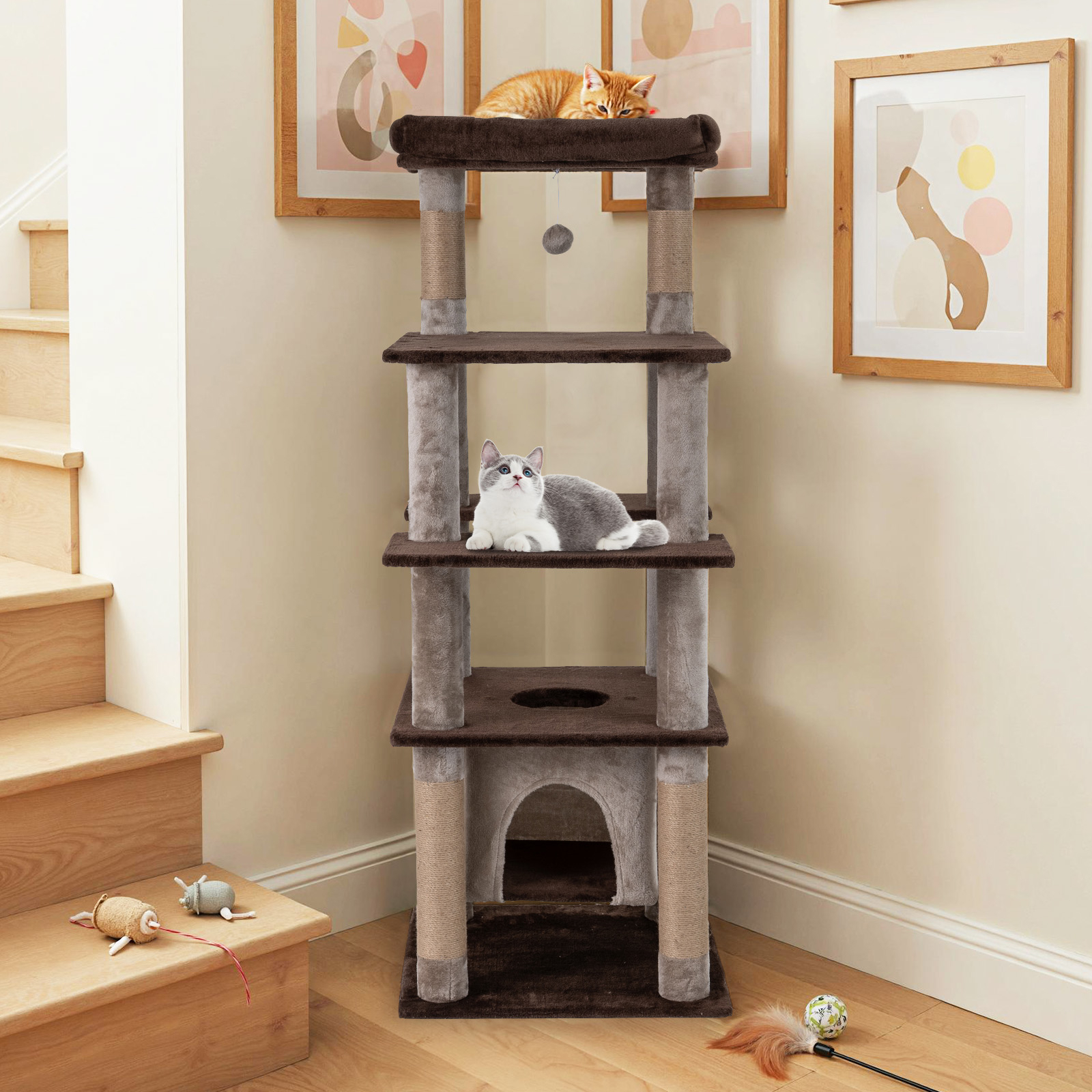 Image of Large Multi-level Cat Tree, 58"/148 Cm Tall Cat Tower W/ Swaying Aerial Condo, Plush Perch Bed, Scratching Posts, Exploration Hole, Pompom & Platforms, Indoor Pet For Adults Cats, Kittens