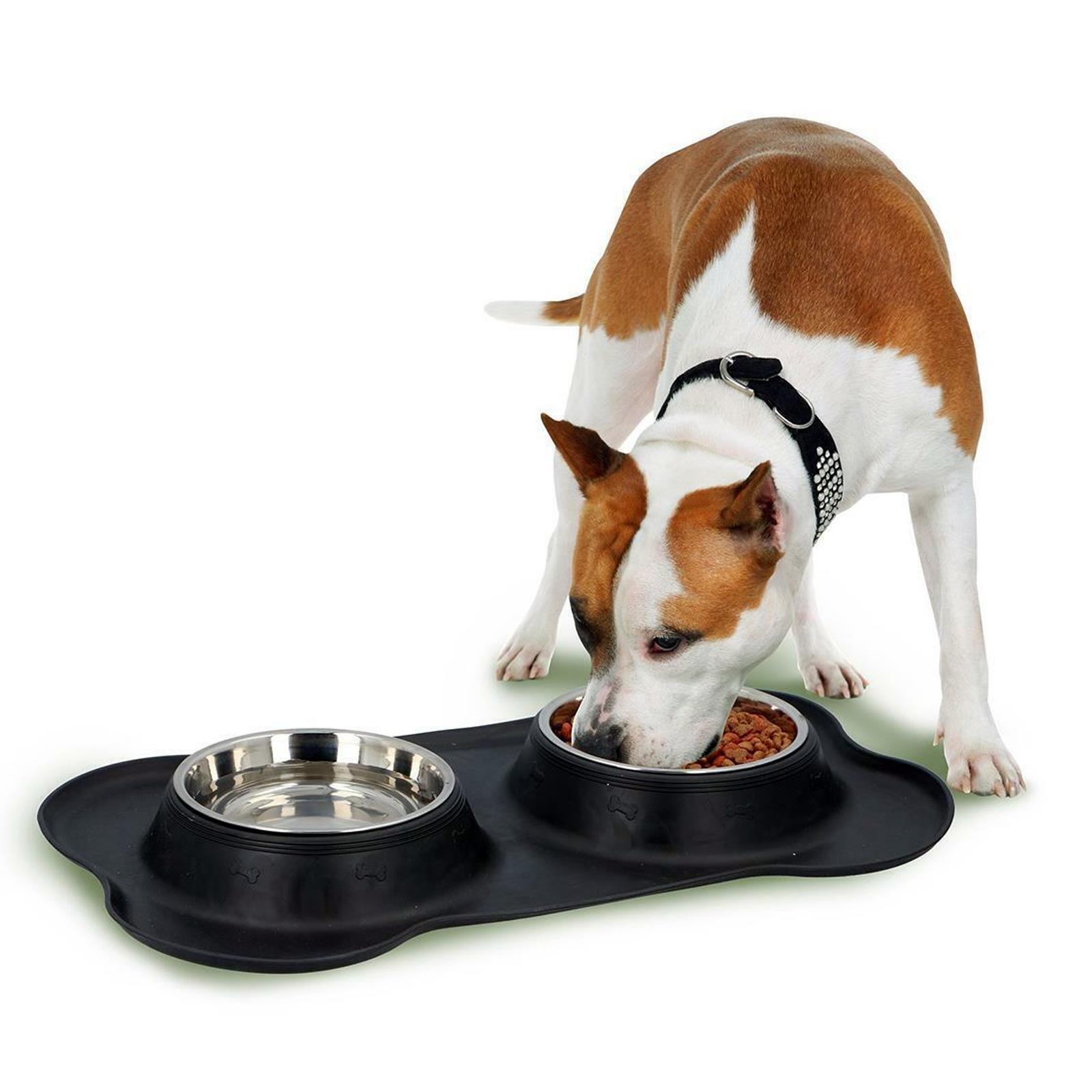 Hush Paws Double Dog Bowl Pet Bowls, Stainless Steel Double Bowls Set 170ml with Non-Spill Silicone Mats Tray for Dogs Cats Puppies Water Food Feeding Bowl - 36 x 21 cm