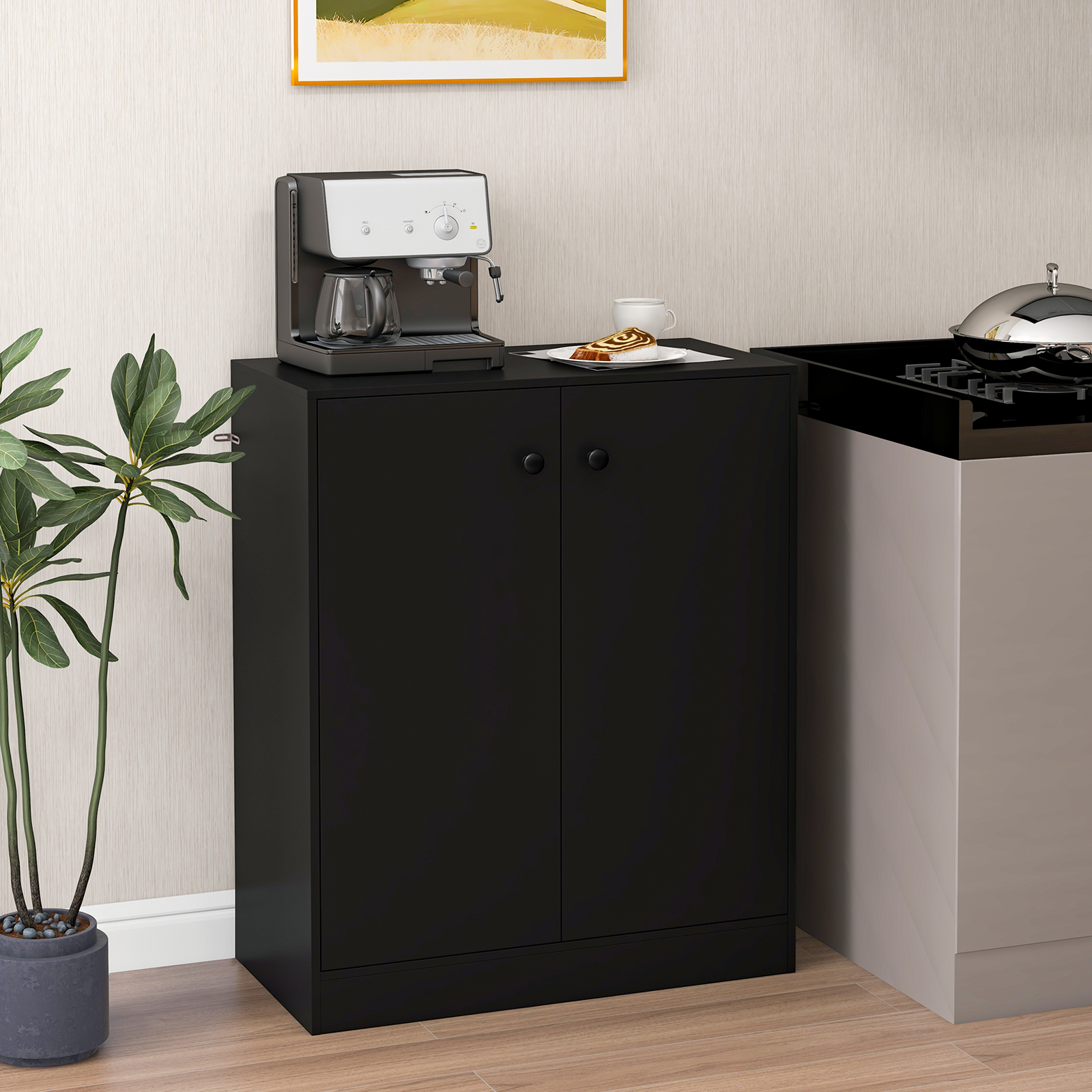 Image of 2-door Storage Cabinet, Modern Floor Cabinet With 3-tier Shelf, Freestanding Side Cabinet With Anti-toppling Device, Storage Organizer For Living Room, Kitchen, Dining Room, Entryway, Black