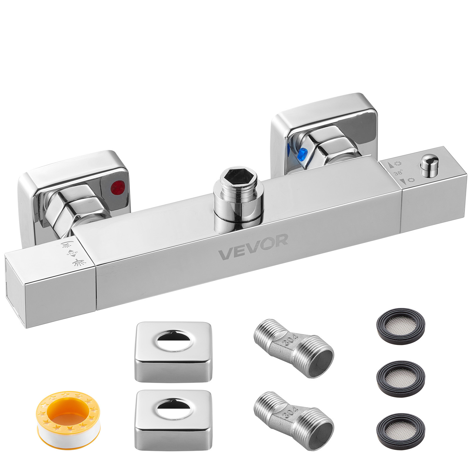 Image of Vevor Thermostatic Shower Faucet Valve, 38℃ Thermostatic Shower Faucet Valve, Hot Cold Water Showering Faucets Temperature Control Valves For Bathroom, Rv, Hotel, 2 Holes & Chrome Silver