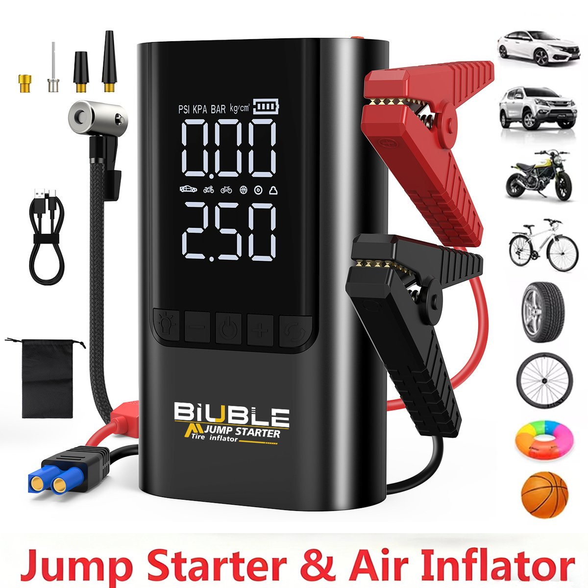 E-shop 8000A Tragbarer Auto-Starthilfe mit Luftkompressor, kompatibel für alle Benzin- & 10L Diesel-Fahrzeuge, 25000mAh Powerbank, kabelloser