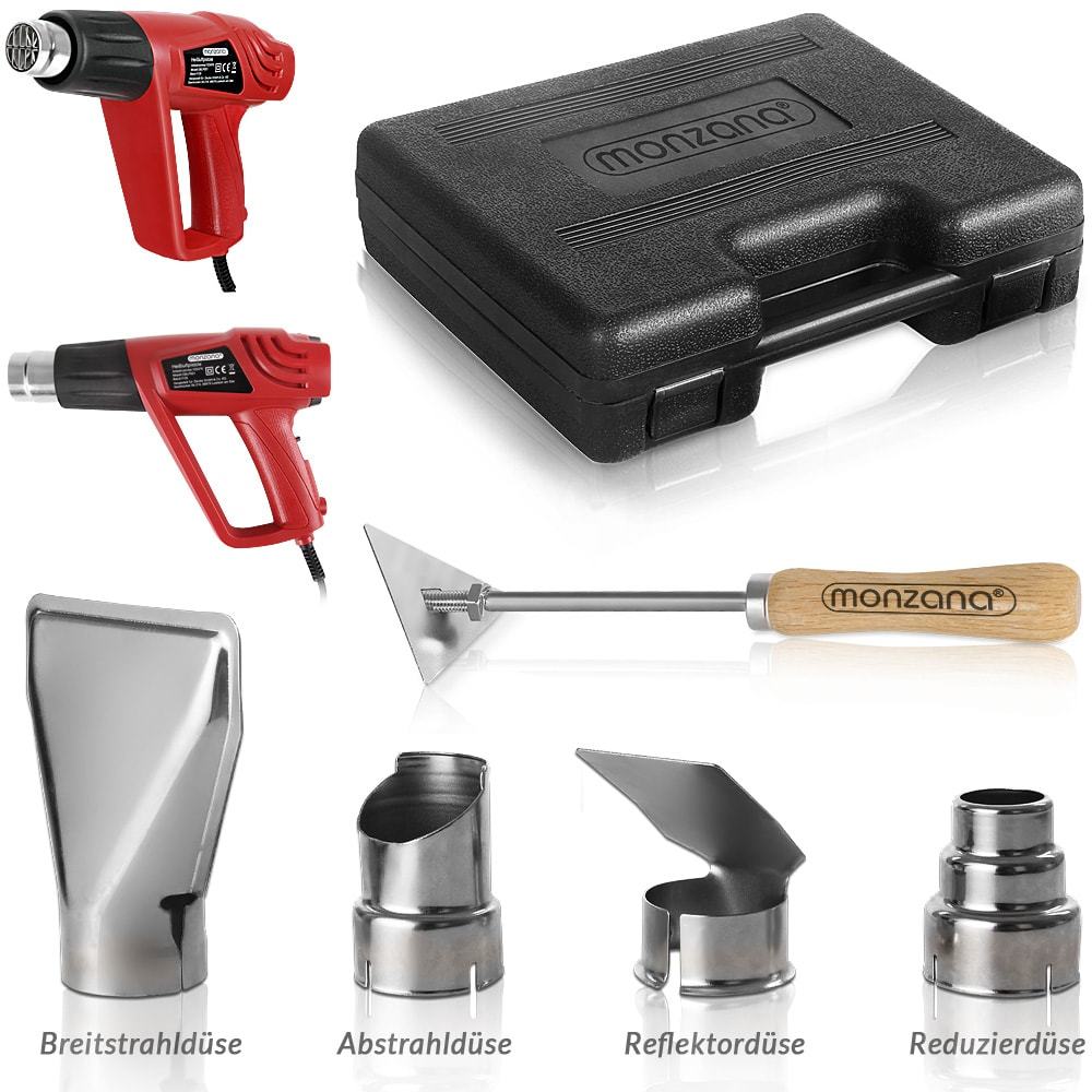 TEMU Pistola de aire caliente MONZANA® de 2000 W con estuche, 4 boquillas, raspador de pintura, 2 ajustes de , soplador de aire caliente, encendedor