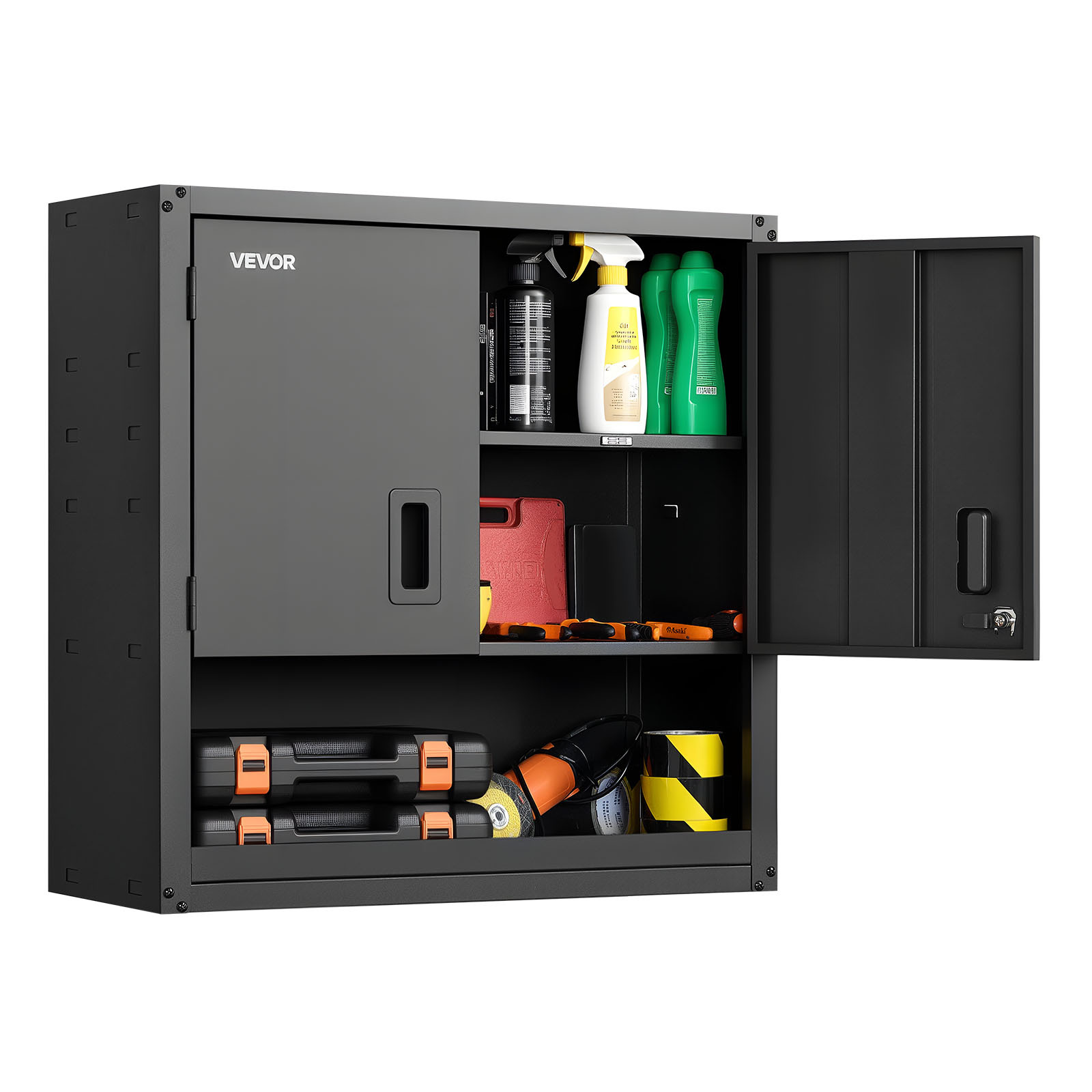Image of Vevor Metal Wall Cabinet, 76.2w X 30.5d X 76.2h Inch, Steel Floating Hanging Storage Cabinet With Locking Doors And Adjustable Shelf For Garage, Basement, Kitchen, Warehouse , Black