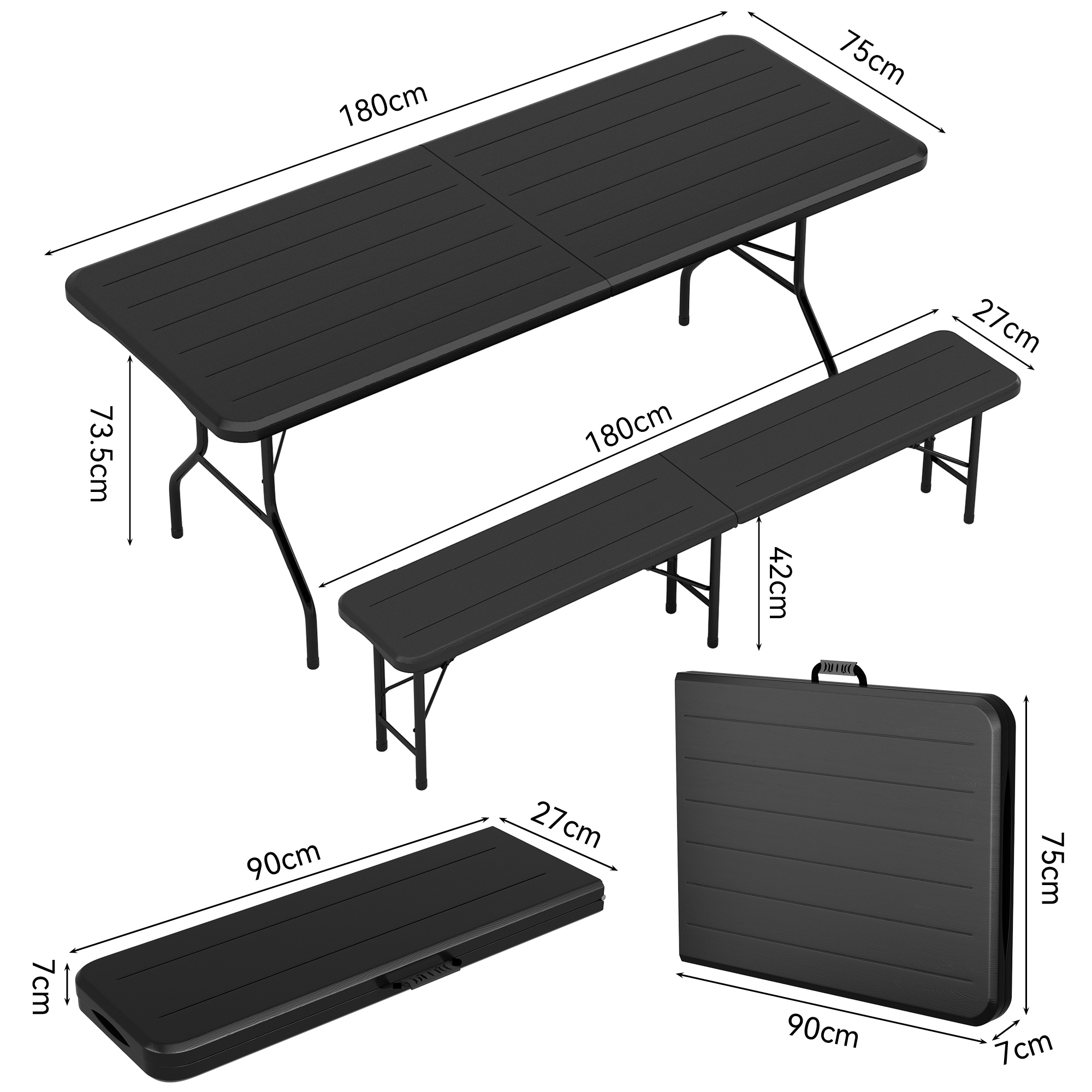 Portable 6FT Dining Garden Table with 2 Benches