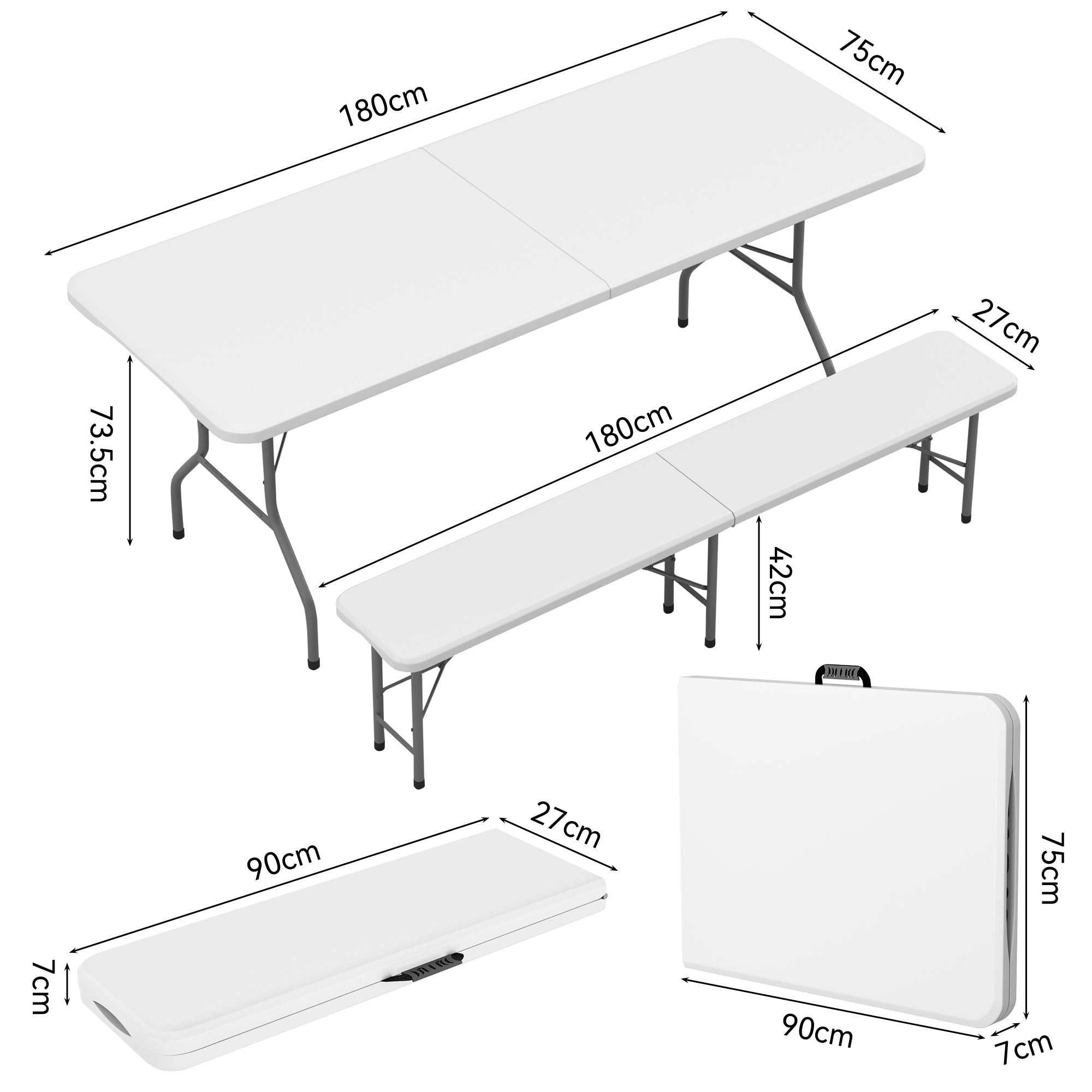 Portable 6FT Dining Garden Table with 2 Benches