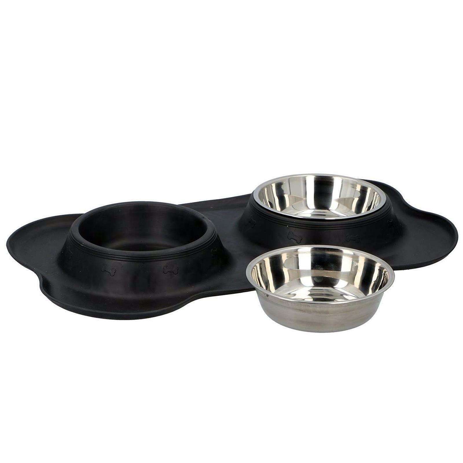 Hush Paws Double Dog Bowl Pet Bowls, Stainless Steel Double Bowls Set 170ml with Non-Spill Silicone Mats Tray for Dogs Cats Puppies Water Food Feeding Bowl - 36 x 21 cm