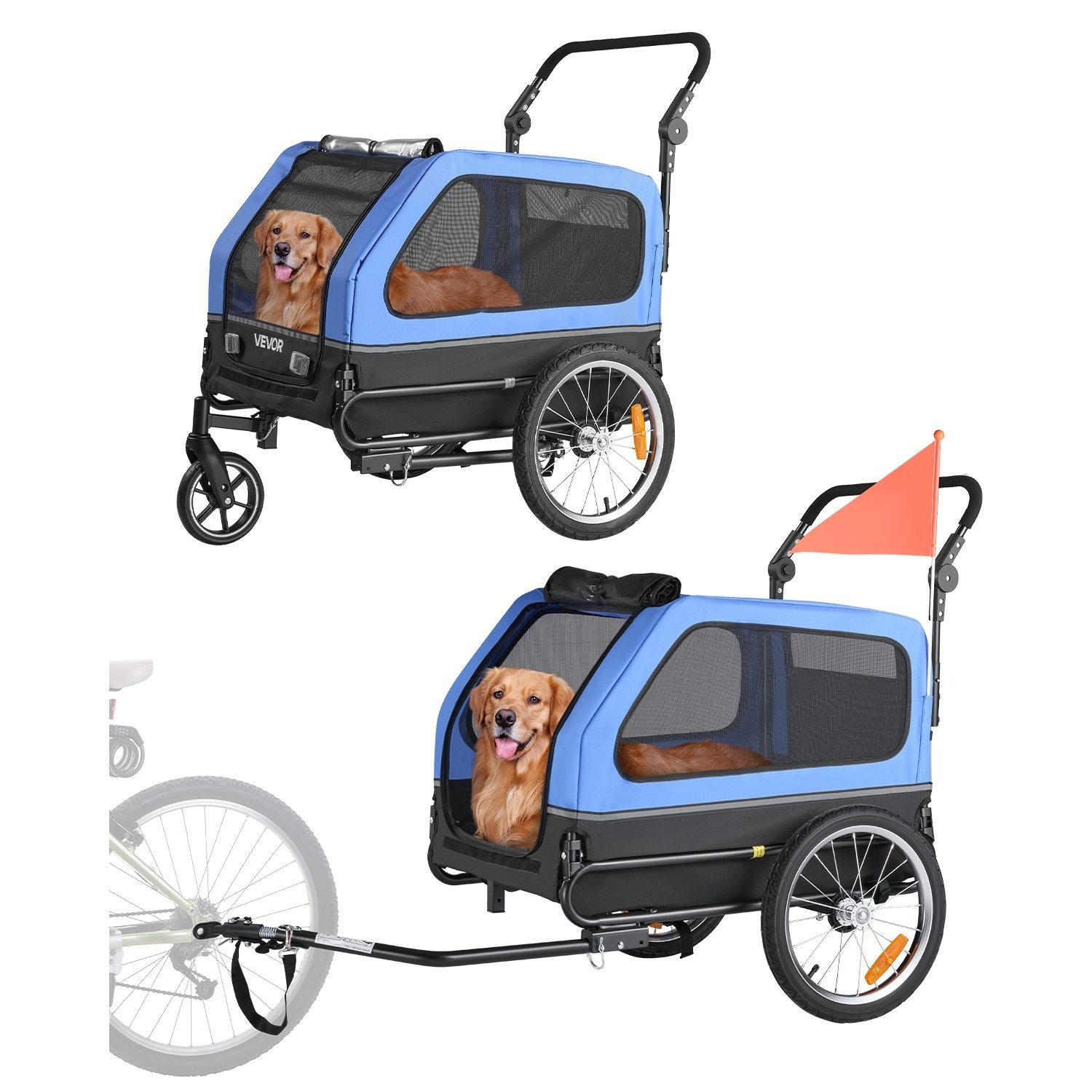 Vevor Dog Bike Trailer, Supports Up To 88 Lbs, 2-in-1 Pet Stroller Cart Bicycle Carrier For Small & Large Dogs, Easy Folding Frame Release Wheel, Universal Bicycle Coupler, Internal Leash
