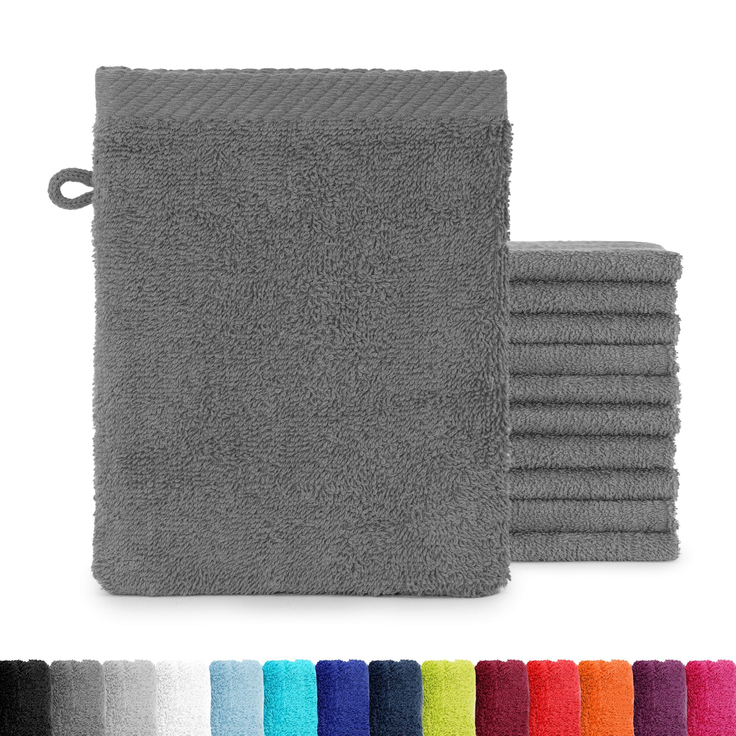 E-shop 10er Pack Frottee Waschhandschuhe aus 100% Baumwolle - Weiche 15x21 - moderne Farben - mit praktischem Aufhänger - Saugstark und zur