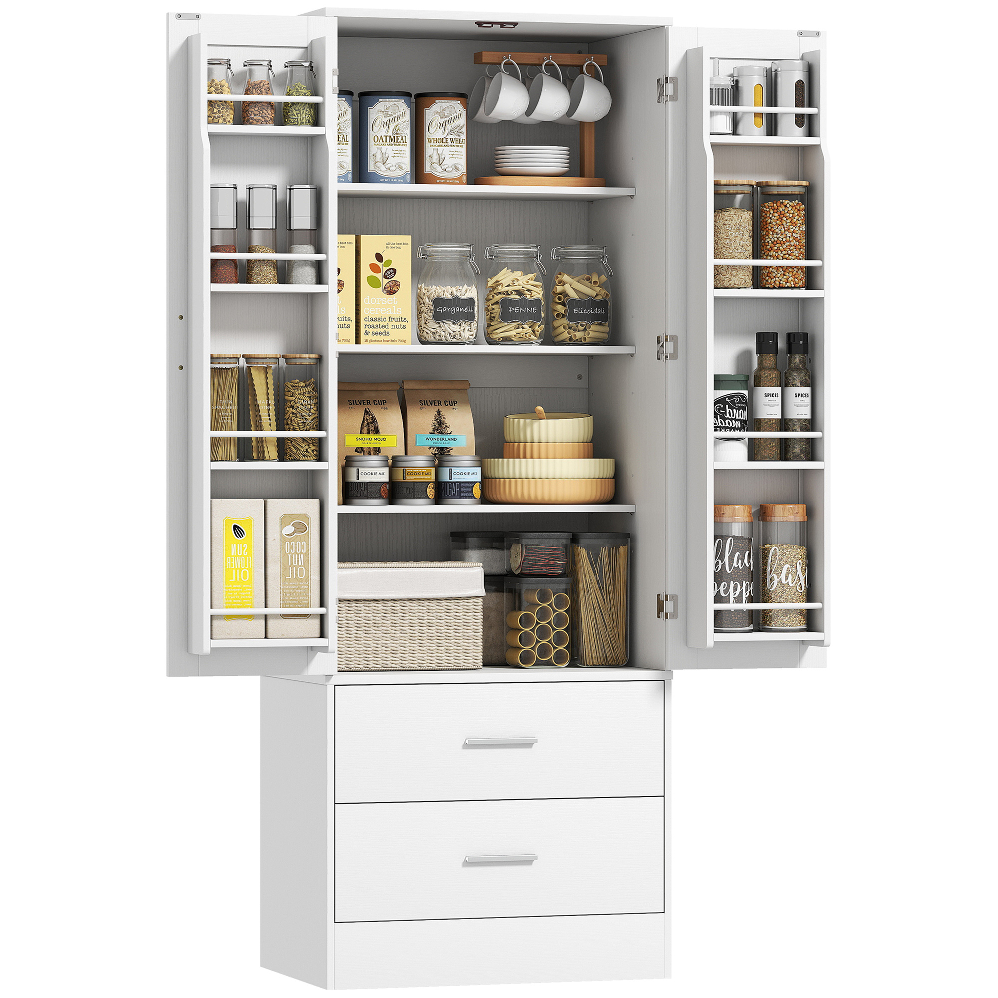 TEMU Buffet haut cuisine, armoire de cuisine, vaisselier, 2 portes, 4 compartiments, 8 porte-épices, 2 tiroirs, étagères réglables, meuble de