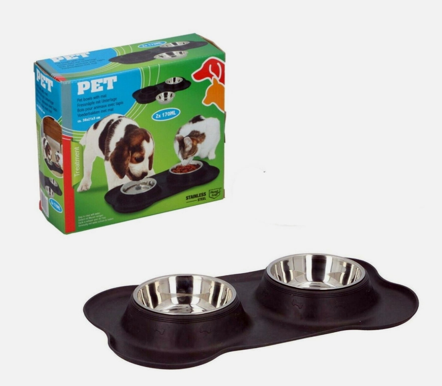Hush Paws Double Dog Bowl Pet Bowls, Stainless Steel Double Bowls Set 170ml with Non-Spill Silicone Mats Tray for Dogs Cats Puppies Water Food Feeding Bowl - 36 x 21 cm