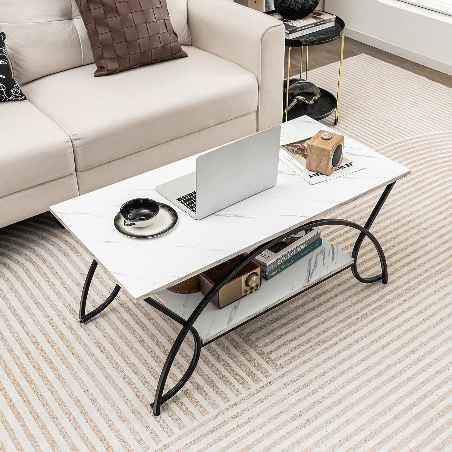 2-tier Marble Coffee Table With Gold Metal Frame, Stylish Rectangular Accent Table With Storage Shelf - Chic Cocktail Table For Living Room & Lounge
