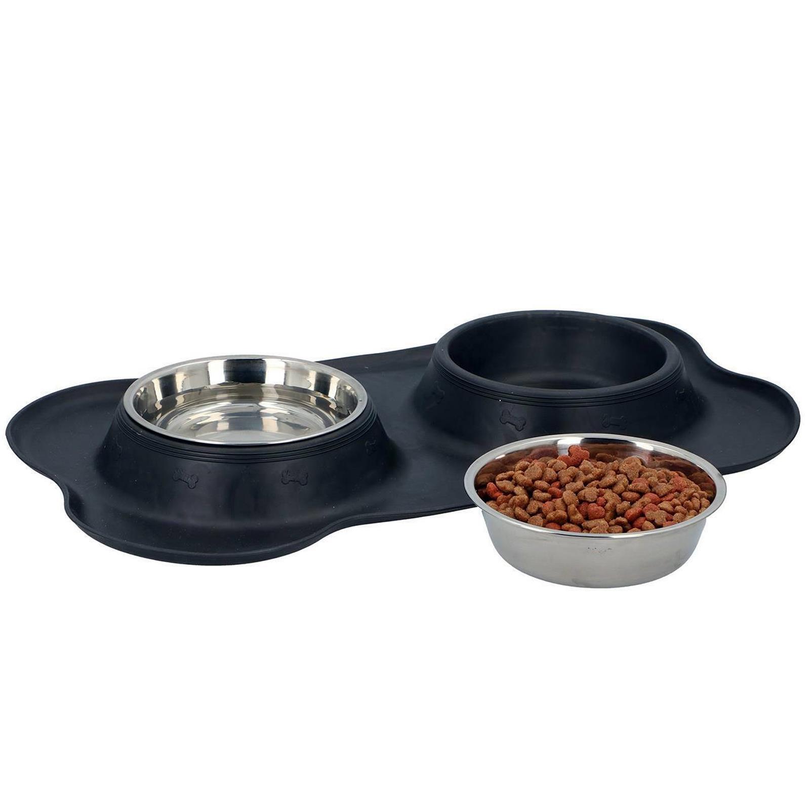 Hush Paws Double Dog Bowl Pet Bowls, Stainless Steel Double Bowls Set 170ml with Non-Spill Silicone Mats Tray for Dogs Cats Puppies Water Food Feeding Bowl - 36 x 21 cm