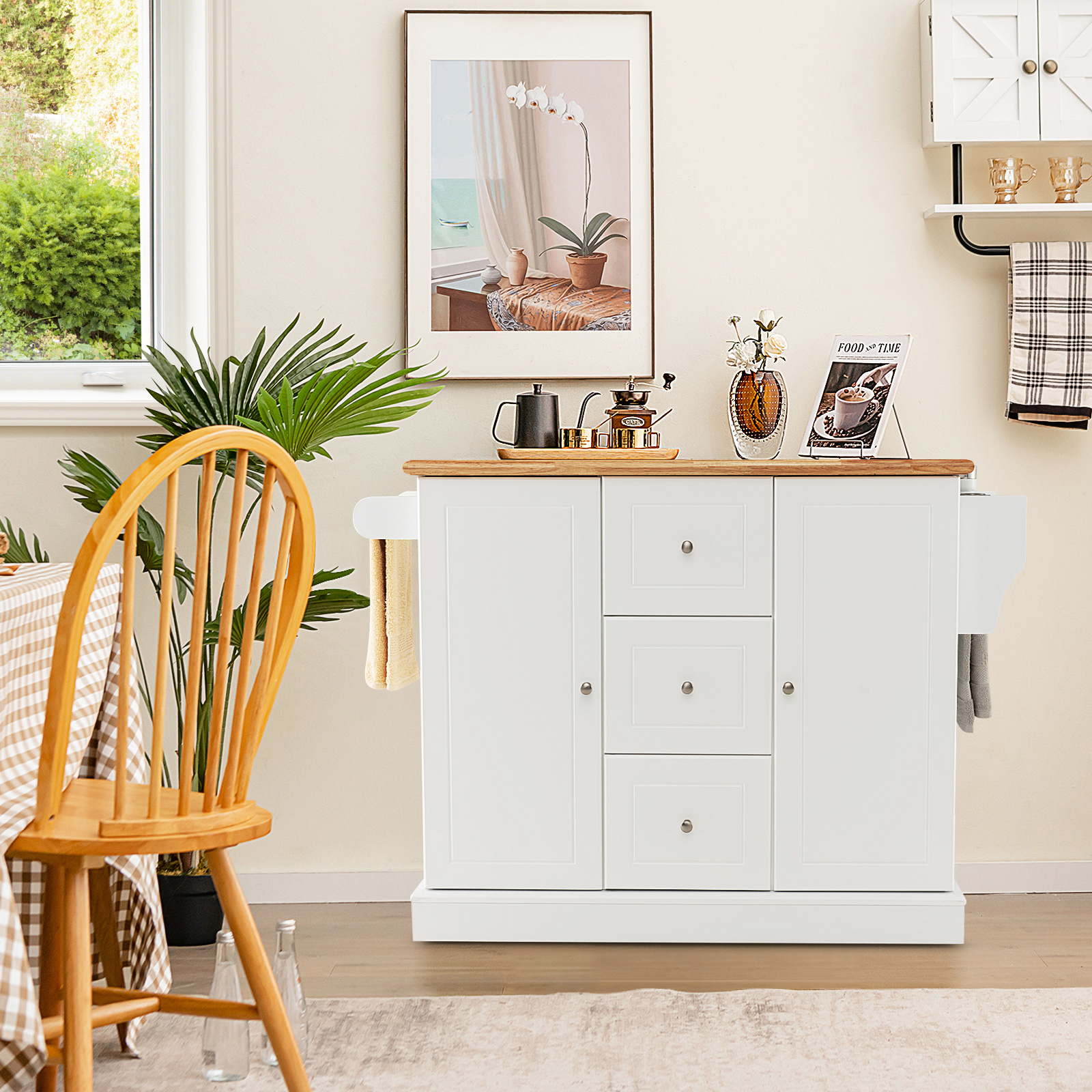 Image of Kitchen Trolley With Hidden Wheels Wooden Kitchen Trolley With Cupboard Shelves 2 Adjustable Shelves And 3 Drawers