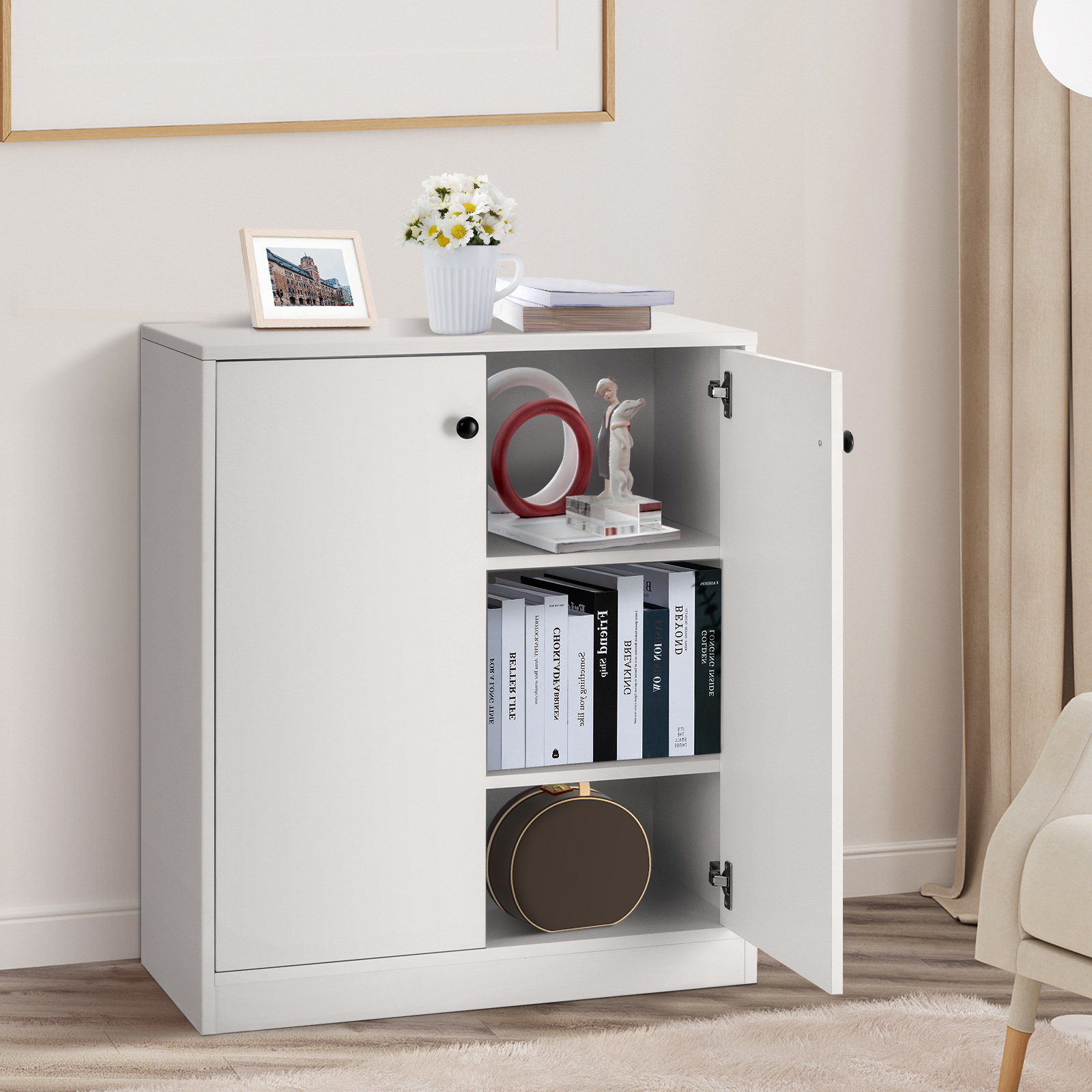Image of 2-door Storage Cabinet, Modern Accent Cabinet With 3 Shelves, Freestanding Buffet Cabinet Storage Organizer With Anti-toppling Device For Living Room, Kitchen, Dining Room, Entryway, White