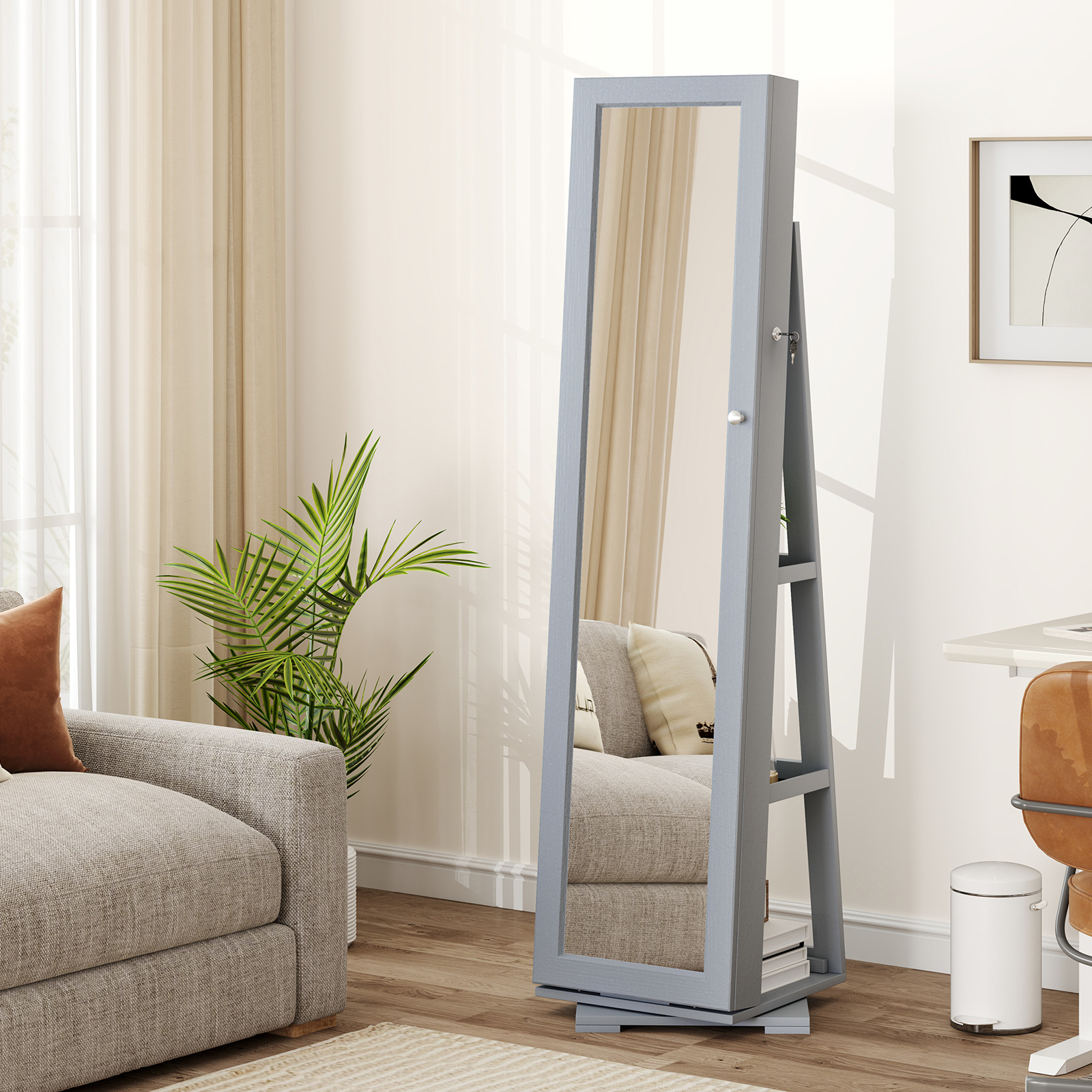 Image of 360° Rotating Jewelry Armoire, Lockable Freestanding Jewelry Cabinet W/full-length Mirror & Built-in Makeup Mirror, Large Capacity Jewelry Organizer W/hooks, Ring Slots & Shelves