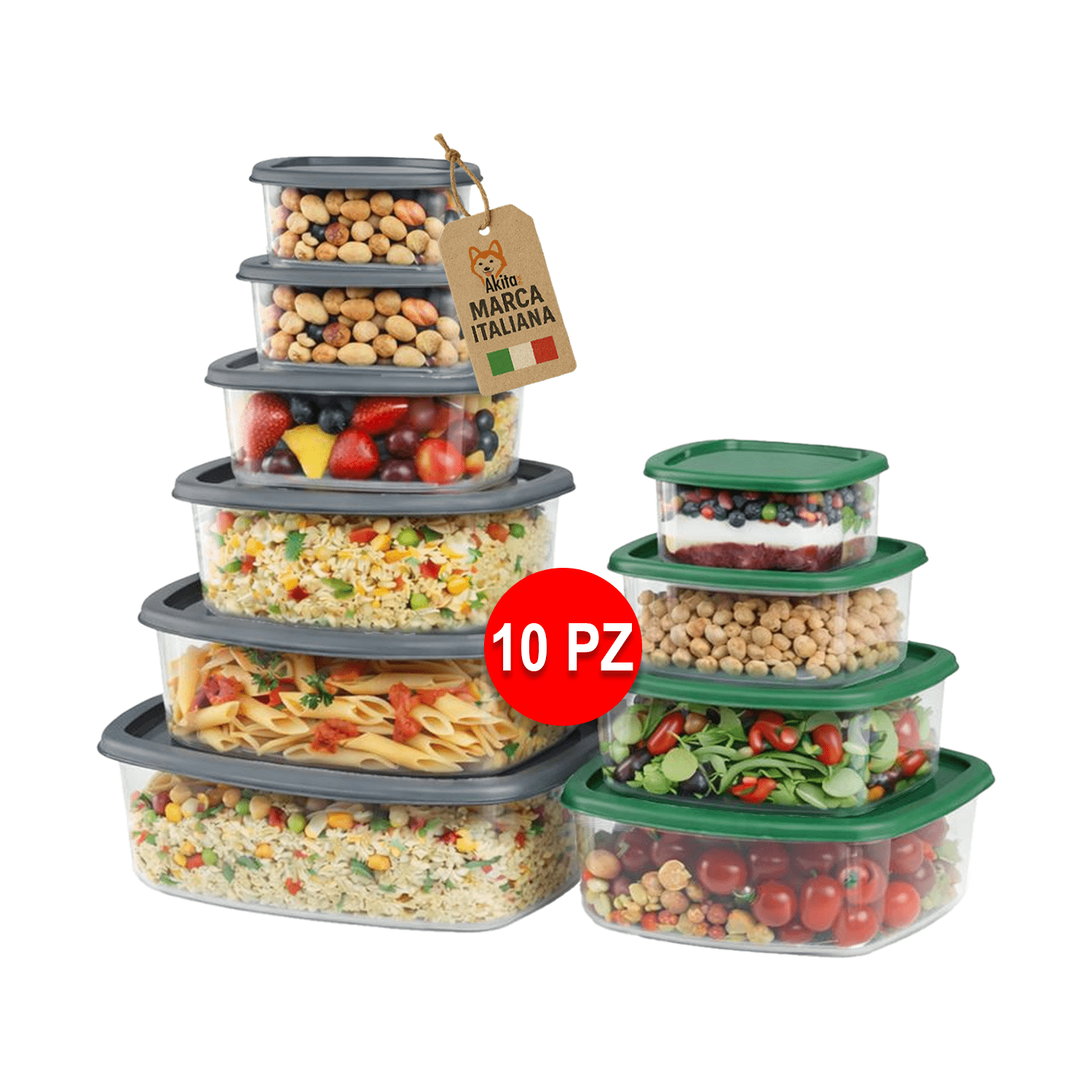 Akitaink Set Of 10 Rectangular Food Containers With Lids - Capacity From 3l To 0.25l, For Fridge And Freezer, Gray And Green