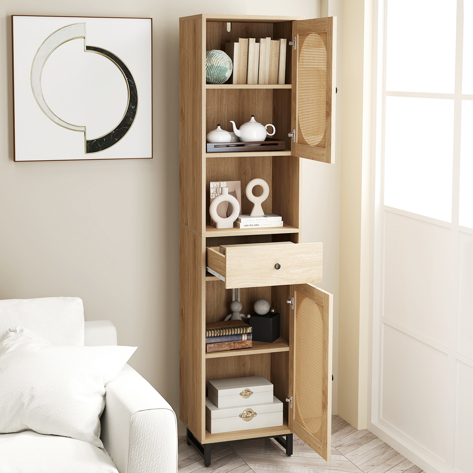 Image of 170 Cm Tall Bathroom Cabinet, Pe Rattan Floor Cabinet W/ 2 Doors, Open Compartment & Drawer, Adjustable Shelves, Anti-toppling Device & Metal Legs, Storage Organizer For Bathroom, Living Room, Kitchen