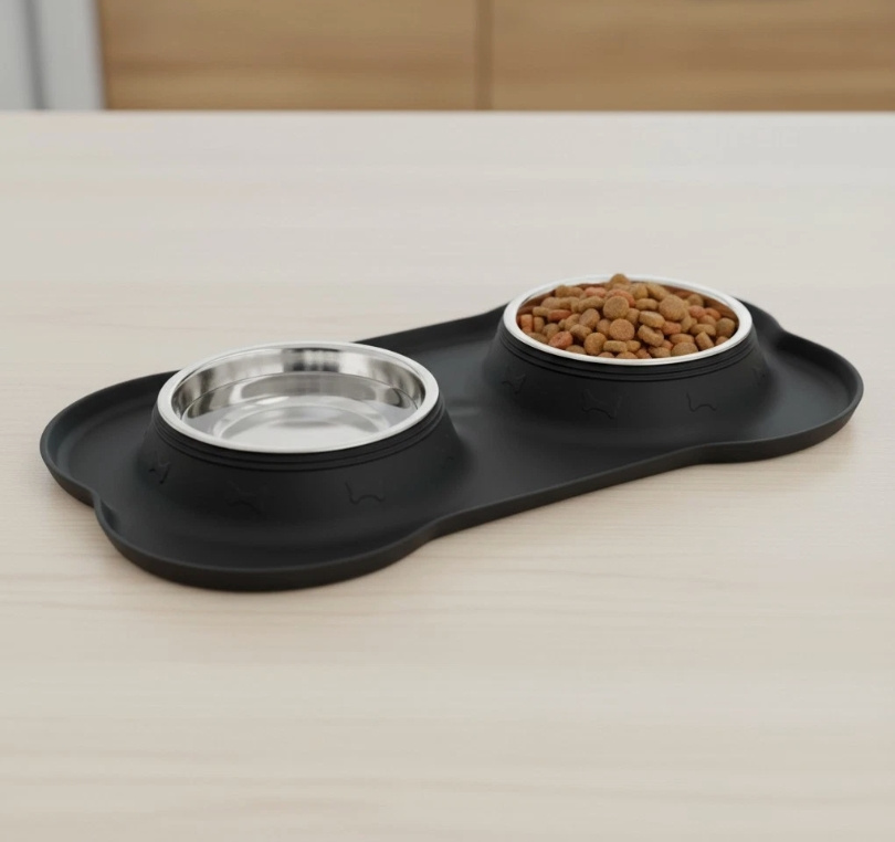 Hush Paws Double Dog Bowl Pet Bowls, Stainless Steel Double Bowls Set 170ml with Non-Spill Silicone Mats Tray for Dogs Cats Puppies Water Food Feeding Bowl - 36 x 21 cm