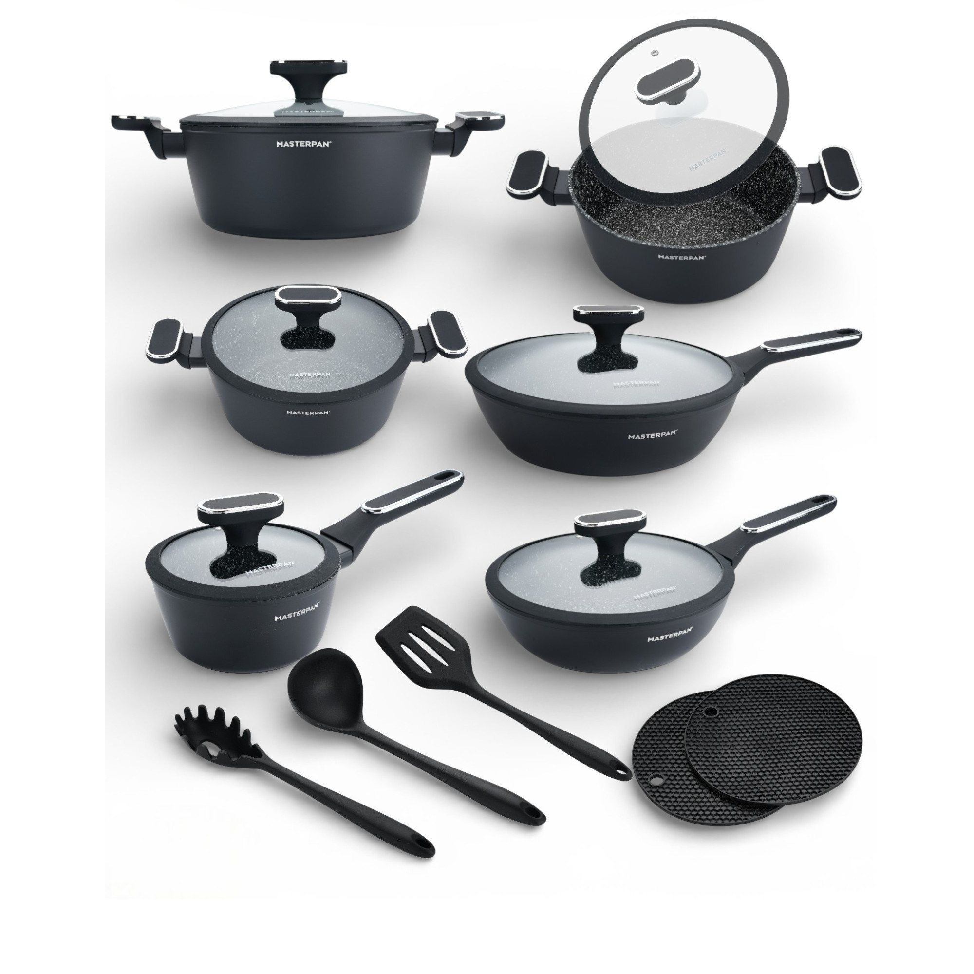Image of Masterpan 15pcs Pot Set | Black Pots | With Lid | Cooking Pot | Lid | Pan | Pot And Pan Set | Induction | Induction Pots | For All Stove Types | Mp7003