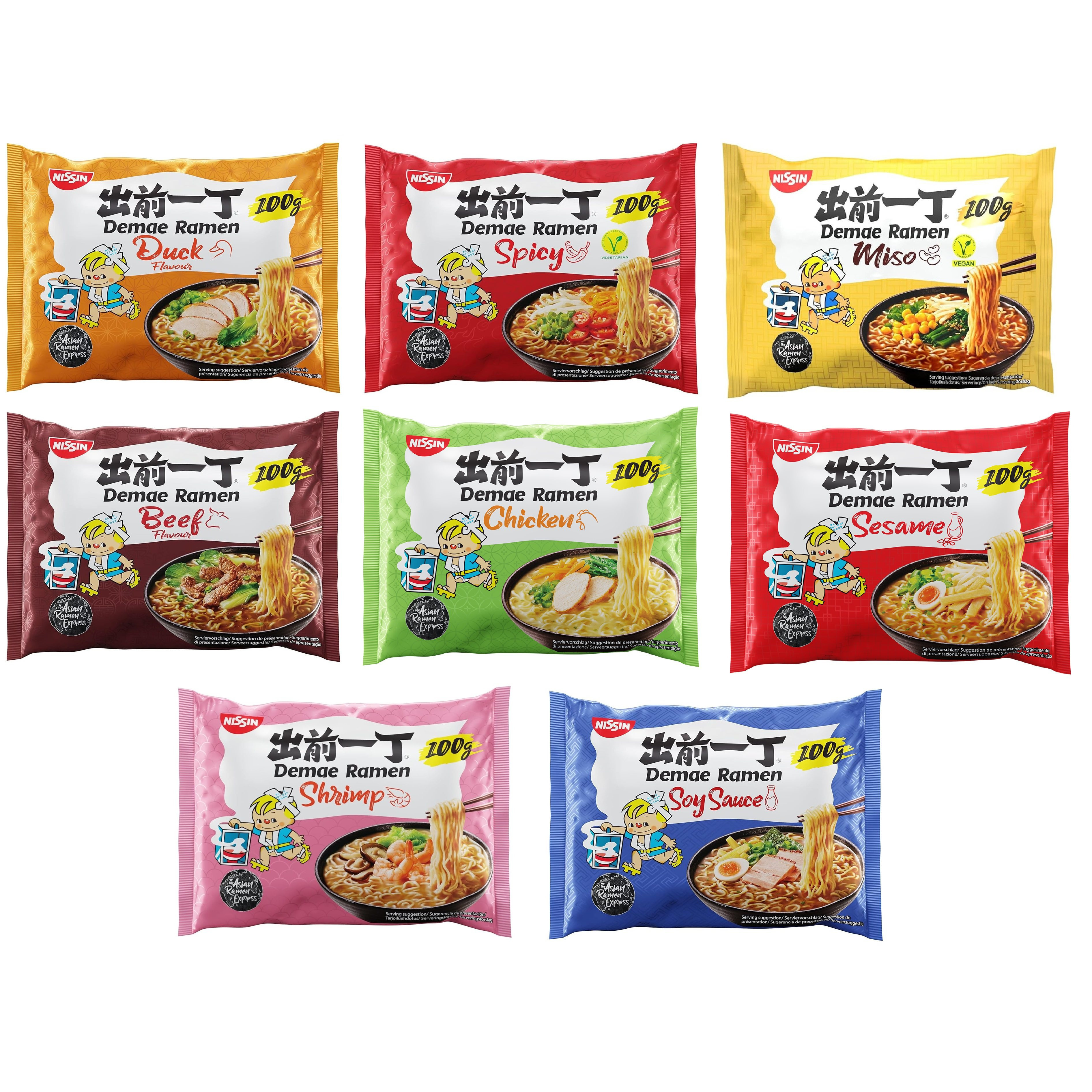 Image of Nissin Damae Instant Noodles Ramen Package 8 Flavors - Miso, Chicken, Beef, Shrimp, Spicy, Sesame, Duck, Tokyo Soy Sauce (8 X 100g)