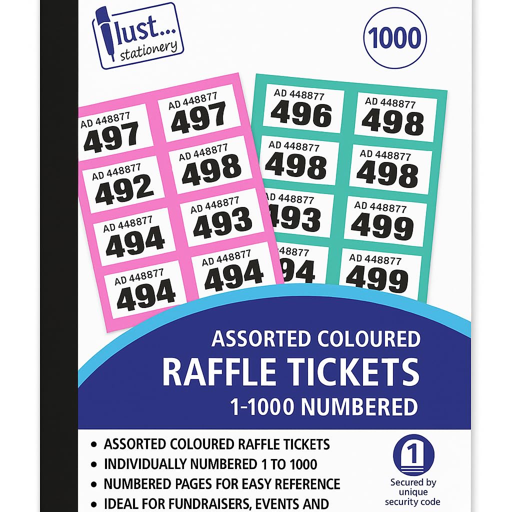 TEMU (pack Of 12) & Tickets 1–1000 – Numbered, 2-part Perforated Tear-off – 12 Books For Events, Fairs, School & Fundraising – Durable Paper, Easy To