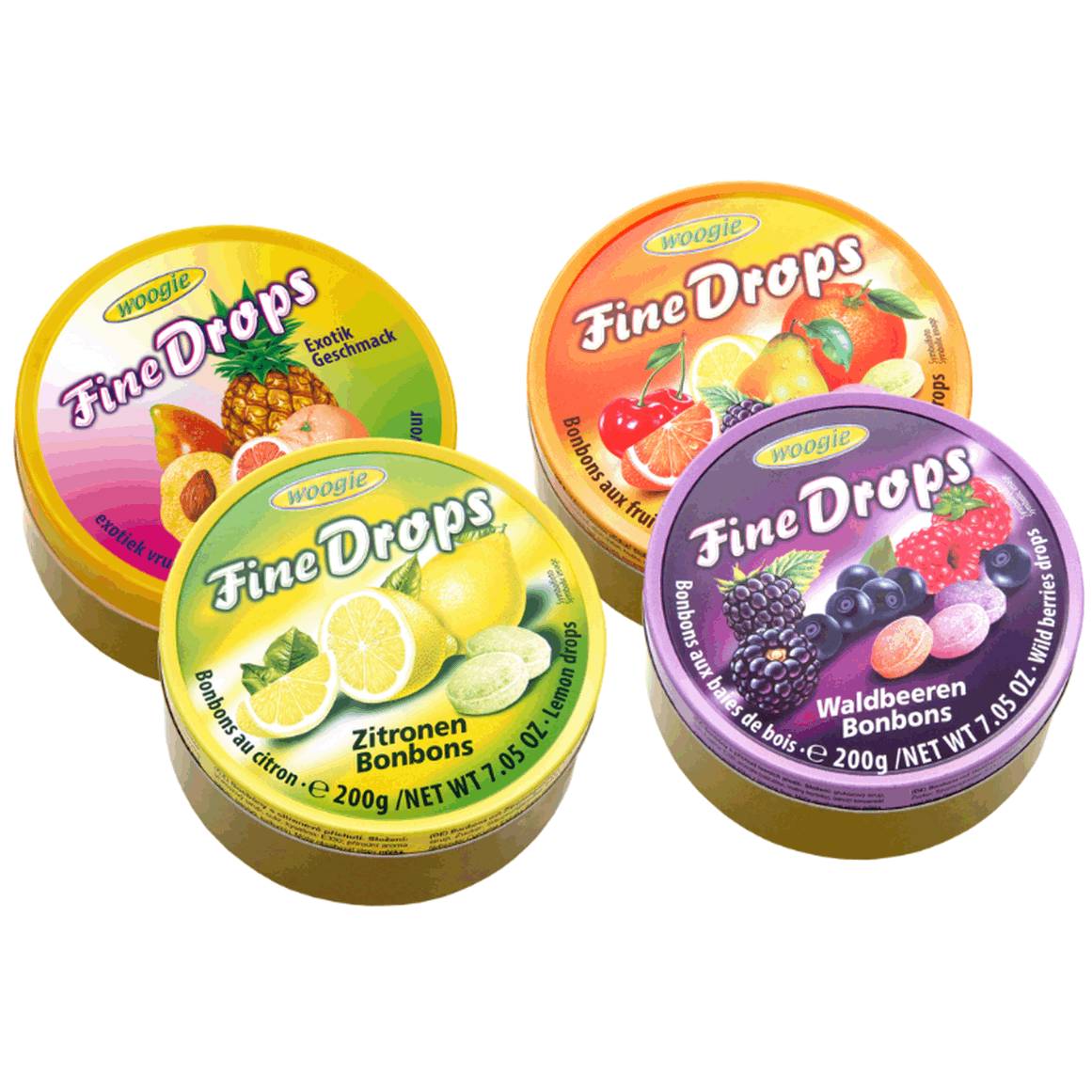 Image of Woogie Fine Drops Fruit Candies – 4 X 200 G – Mixed Flavors: Forest Fruit, Lemon, Mixed Fruits & Exotic – Hard Candies With Fruit Flavor