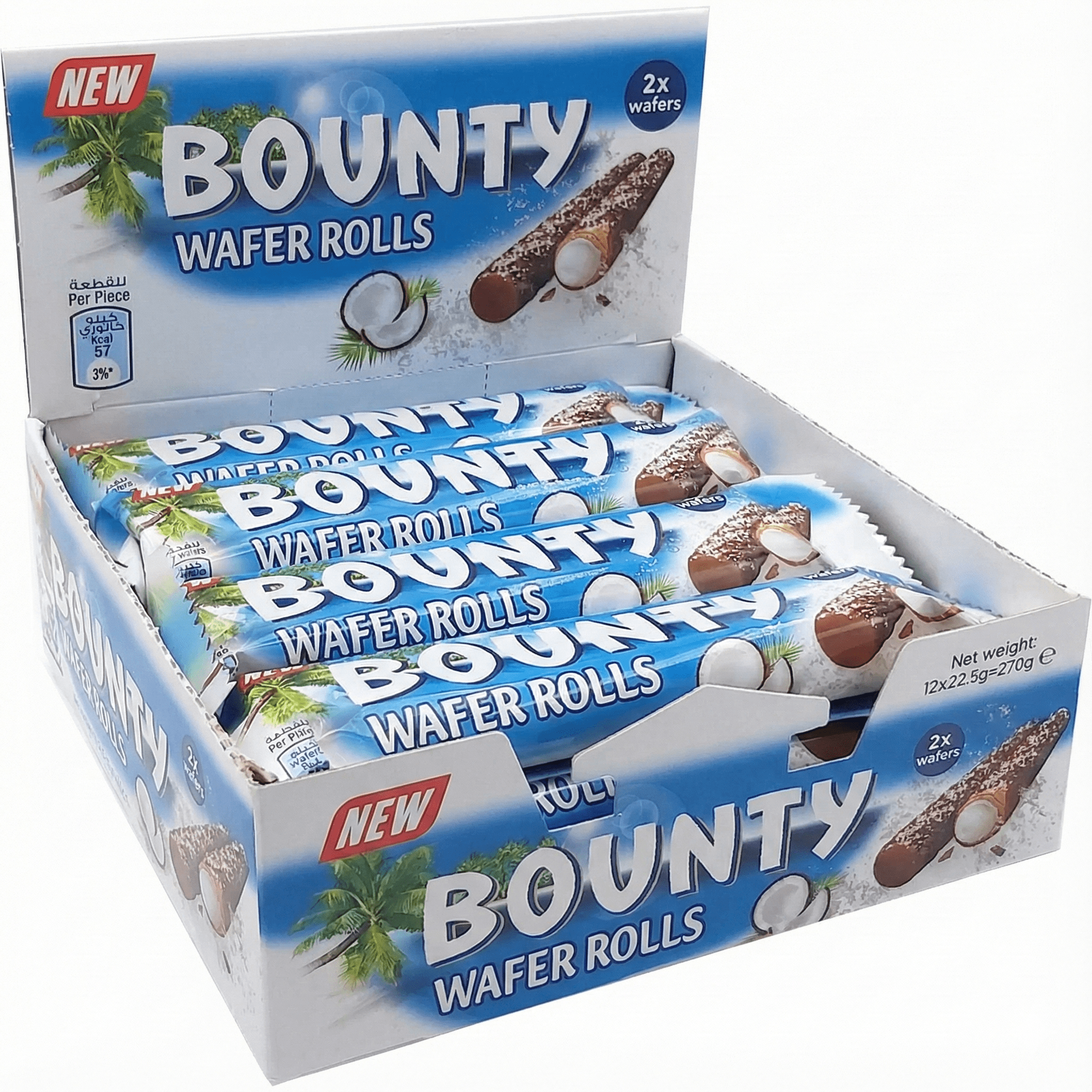 E-shop Bounty Wafer Rolls – Knusprige Waffelröllchen mit Kokosfüllung & Milchschokolade, 12 Riegel à 22,5 g