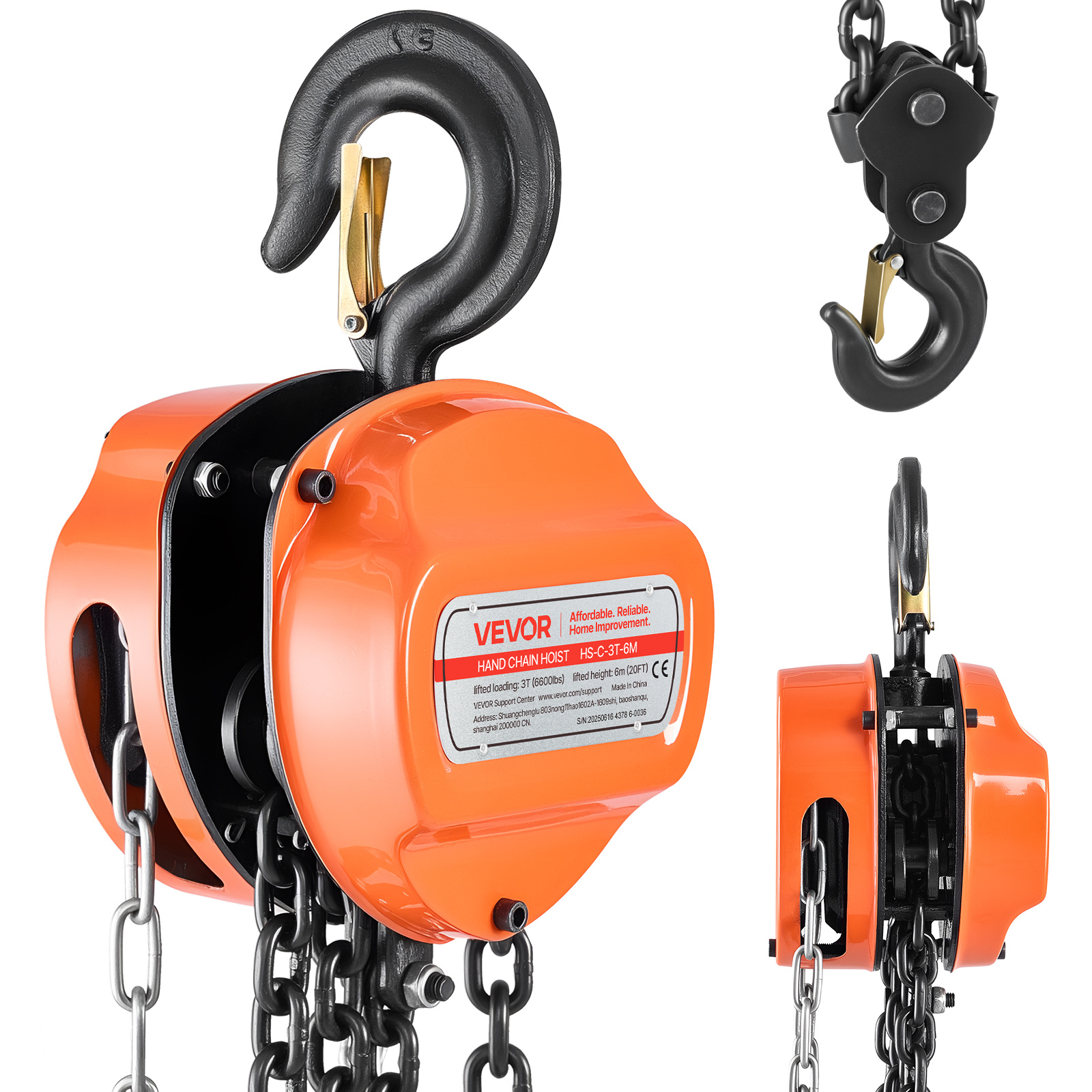 TEMU VEVOR Handkettingkraan, 3 Ton Capaciteit, Handmatige Kettingblok met Upgrade G80 Gegalvaniseerde Ketting, 6 m Hefhoogte, Heavy Duty Katrolkraan