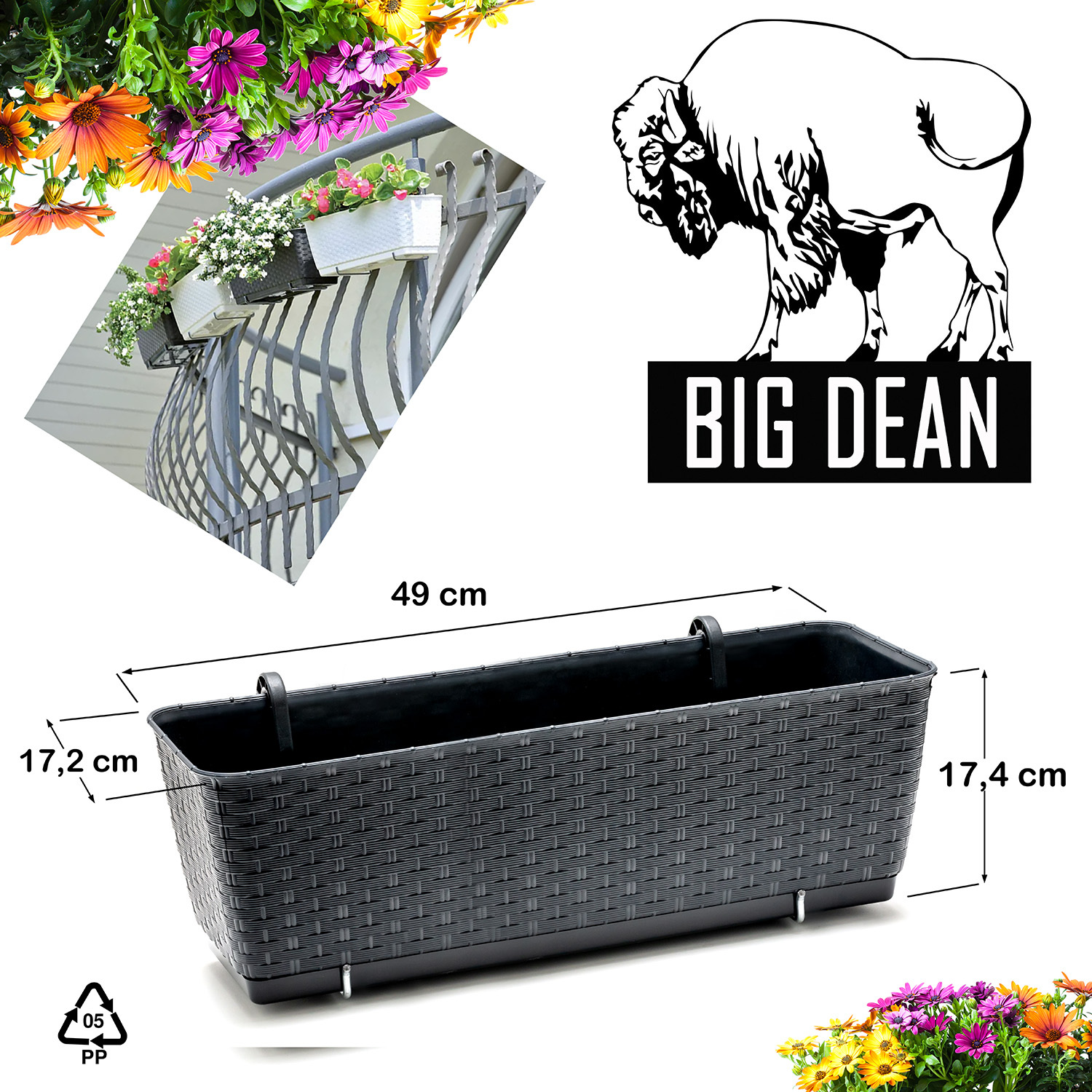 Image of Bigdean 6pcs Set Of Flower Boxes For Balcony Railings - Rattan Look - - Balcony Boxes With Metal Brackets - 49 X 17 X 17 Cm - Including Irrigation System