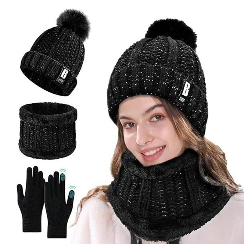 TEMU Women's Knit Hat Scarf And Gloves Set, Thick Knit Winter Beanie & Touchscreen Gloves, 3-in-1 Warm Gift Set For Women Girls