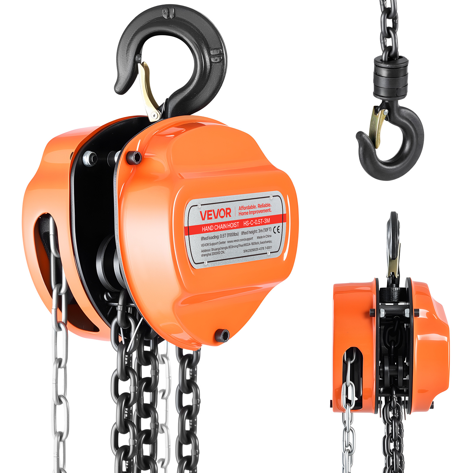 Image of Vevor Hand Chain Hoist, 1/ Capacity, Manual Chain Block With Upgrade G80 Galvanized Chain, 3 M Lifting Height, Heavy Duty Pulley Hoist For Garage Warehouse Automotive Machinery, Orange