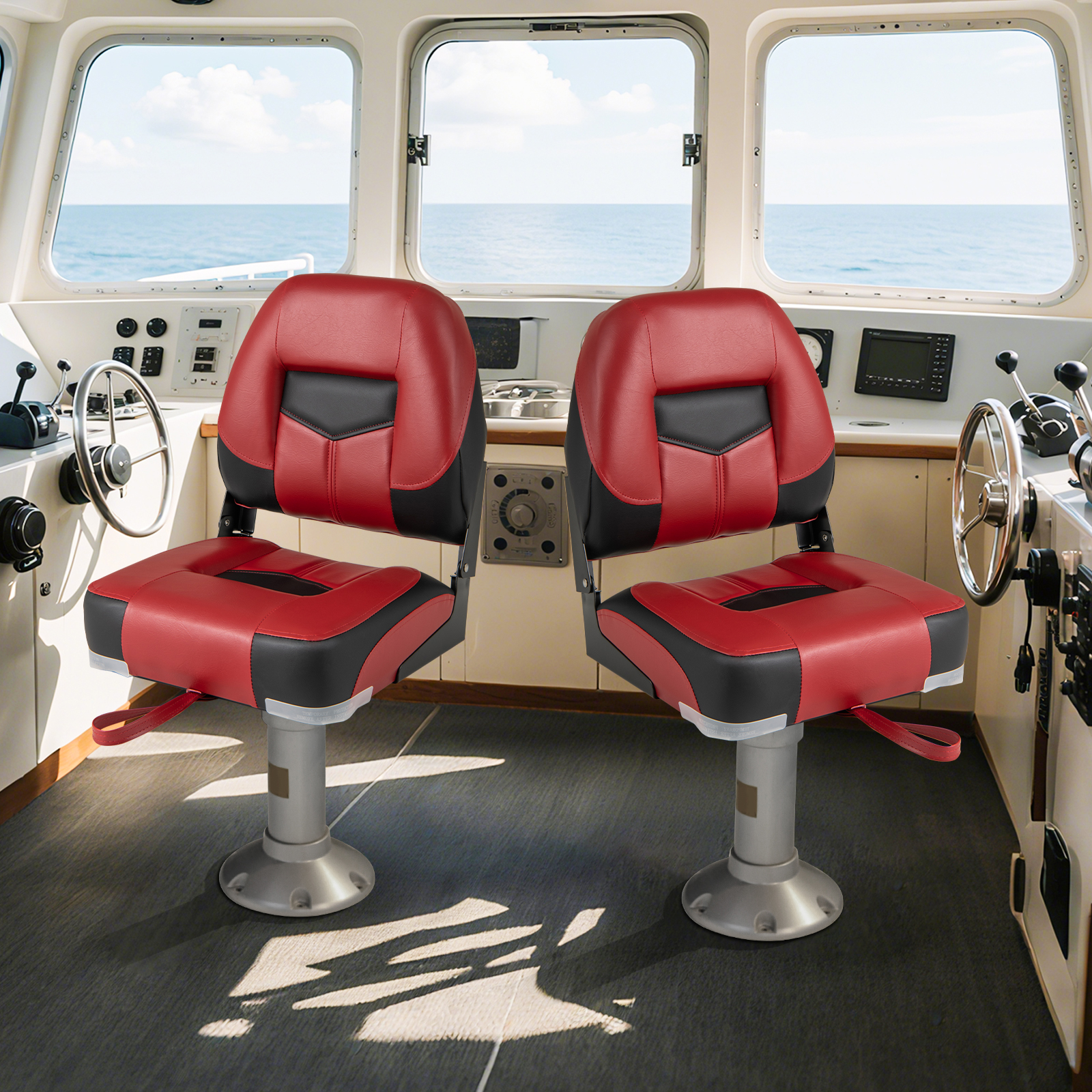 Image of Folding Low-back Boat Chair, Set Of 2, Fold-down Seat W/ Long Fixation Strap &stainless Steel Screws, Ergonomic Fishing Yacht Seat W/ Thicken Foam & Durable Metal Hinge